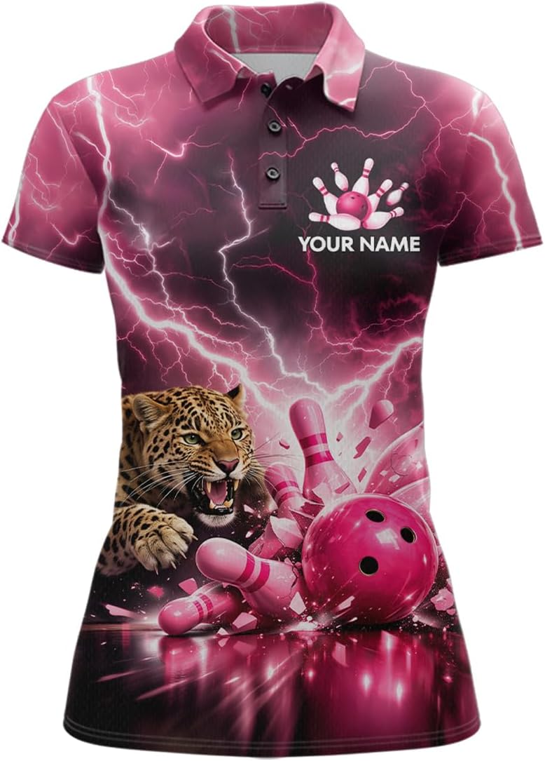 Pink Leopard Bowling Shirts for Team Pink Thunder Lightning Bowling Jersey for Men Women Bowling Polo and Zip Shirt