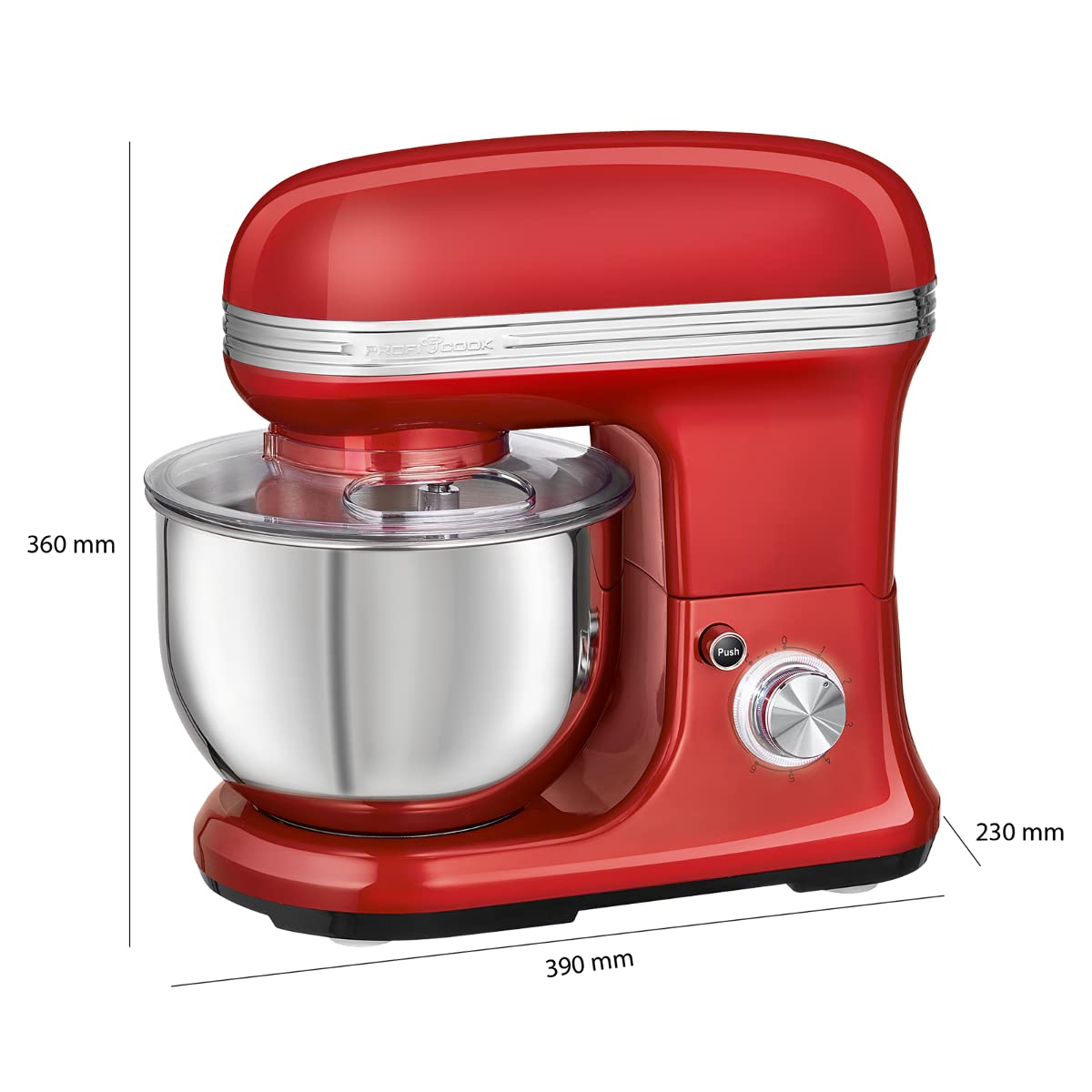 ProfiCook® Küchenmaschine zum backen | Knetmaschine 5L mit starkem 1200W Motor | Teigmaschine inkl. Haken & Schneebesen | Retro Teigknetmaschine Spritzschutz mit Nachfüllöffnung | PC KM 1197 rot