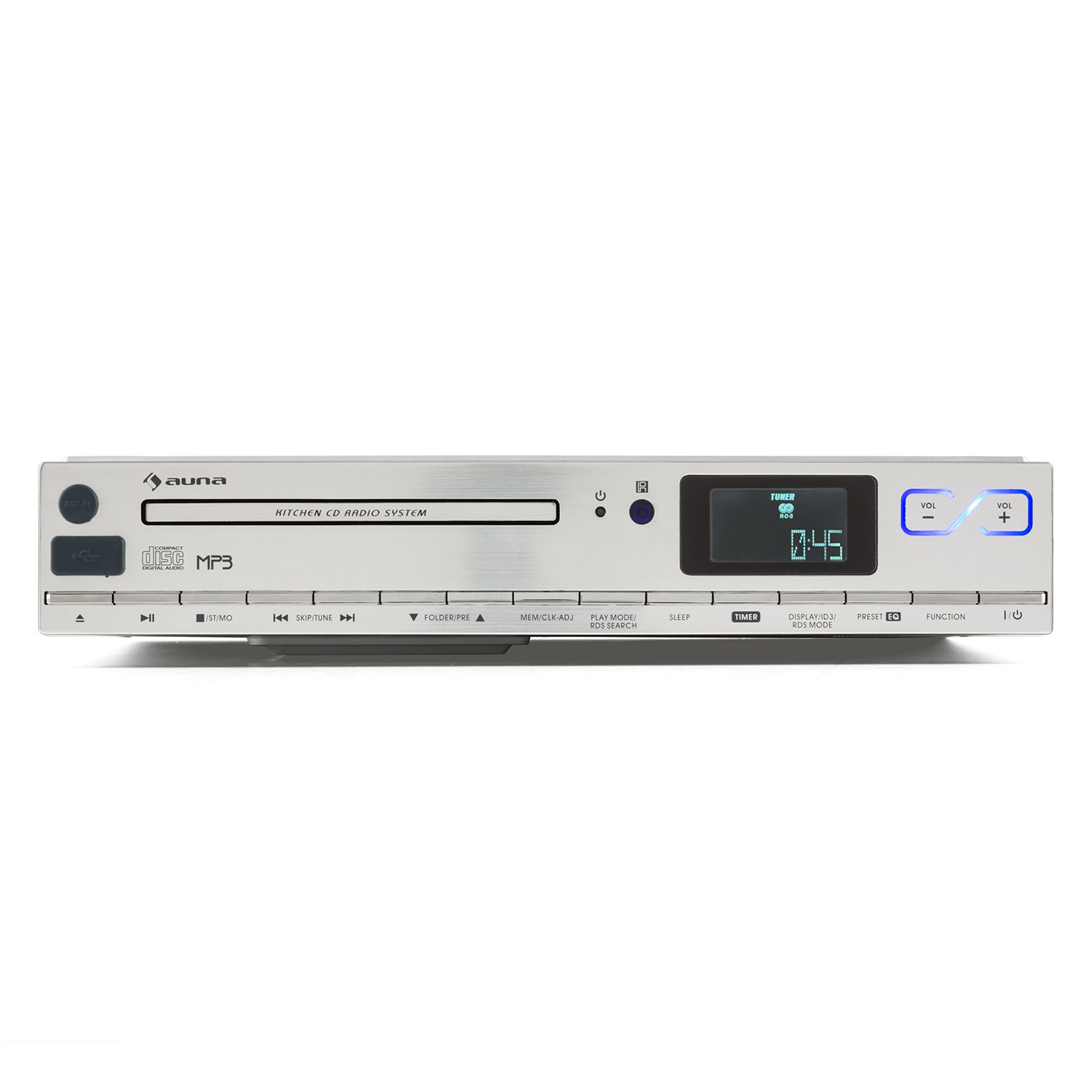 auna KCD-20 - Radio de Cocina, Radio para Mueble, Aspecto de Aluminio, Radio FM, RDS, Memoria 20 emisoras, Puerto USB Compatible con MP3, AUX, Alarma, Mando a Distancia, Plateado