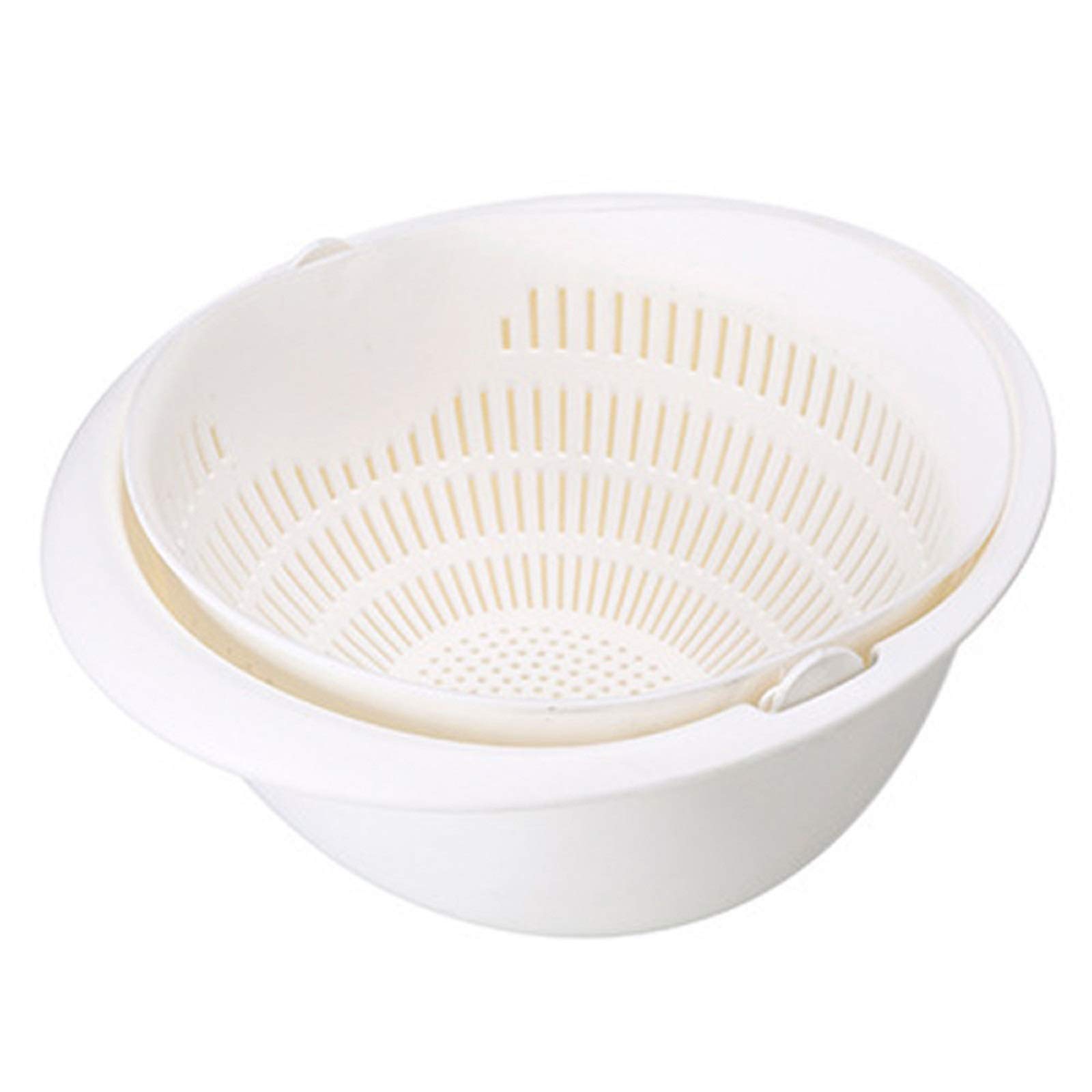 Double Drain Basket Vegetables Fruit Basket Rotatable Rice Washing Bowl Kitchen Colander Strainer(White)