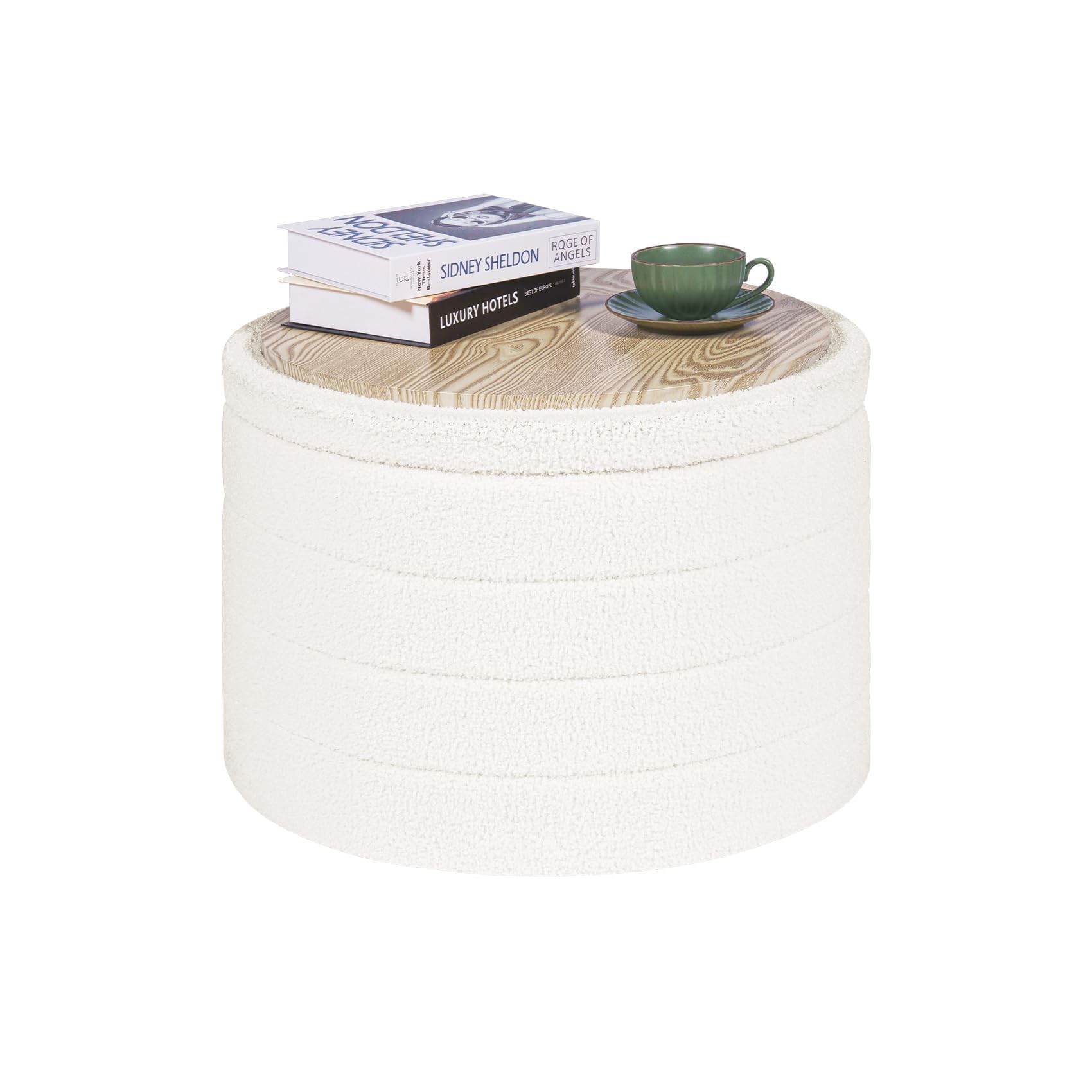PINPLUS Hocker mit Stauraum Rund Sitzhocker mit Deckel, Faltbare Fußhocker Polsterhocker Couchtisch Ø56x40 cm für Wohnzimmer, Schlafzimmer & Flur, Cremeweiß