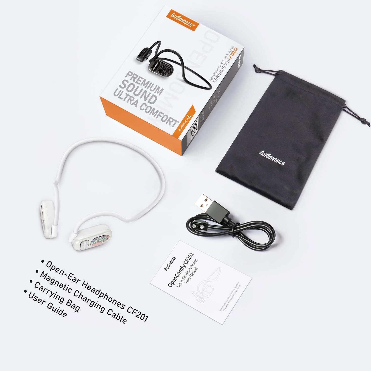 Audiovance OpenComfy CF201 Bluetooth Headphones for Running, Wireless Open Ear Headphones for Sports Gym Workout, Ultra Comfort, Premium Sound, Secure Fit, Ambient Awareness. White