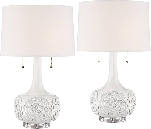 Miniatura 1 de Possini Euro Design Natalia - Juego de 2 lámparas de mesa de 27 pulgadas de alto, modernas y lujosas, con cadena de tracción, color blanco, floral,