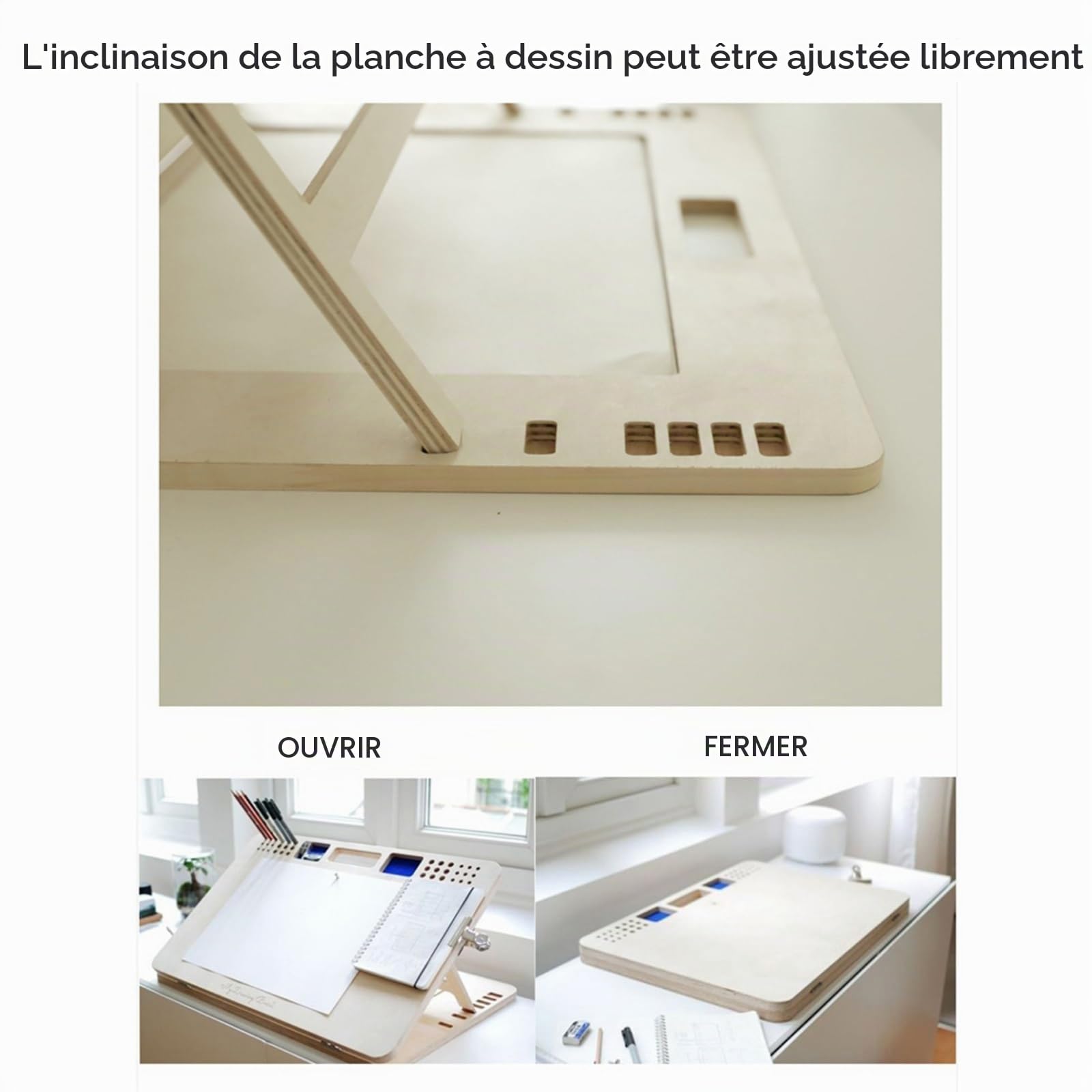 Planche a Dessin A3, Tablette Dessin Portable, avec Trou de Rangement pour Pinceaux, Chevalet de Table, pour Artistes Professionnels et Peintres Amateurs