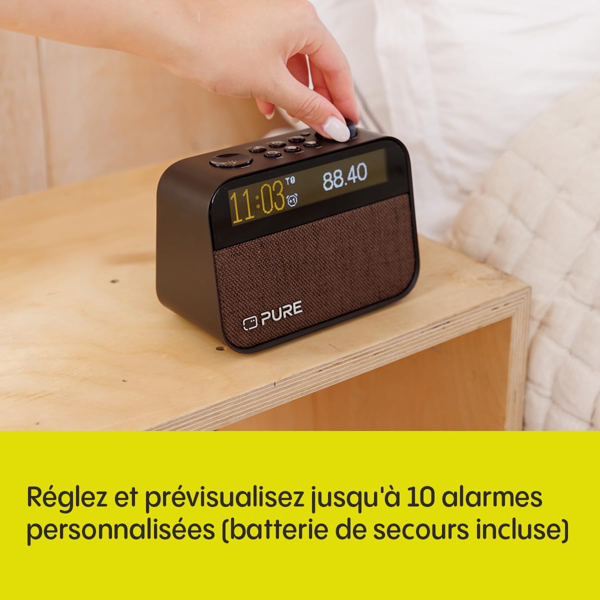 Pure Moment Réveil de Chevet et de Bureau (Radio Numérique Dab+/FM, Bluetooth, Machine à Bruit Blanc, Aide au Sommeil, Lumière Réveil, Veilleuse, Affichage Réglable) Noir