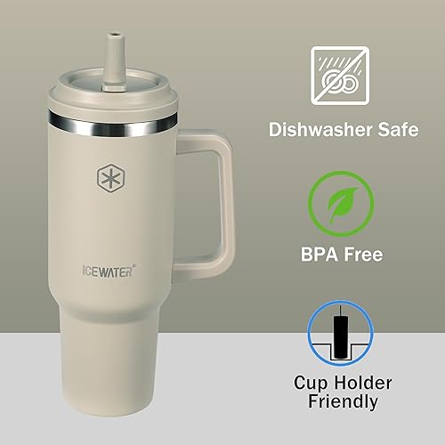 Miniatura 3 de ICEWATER Vaso de 40 oz con 2 tapas (abatible y pajita estándar), 100% a prueba de fugas, vaso aislado con asa, compatible con portavasos, botella de