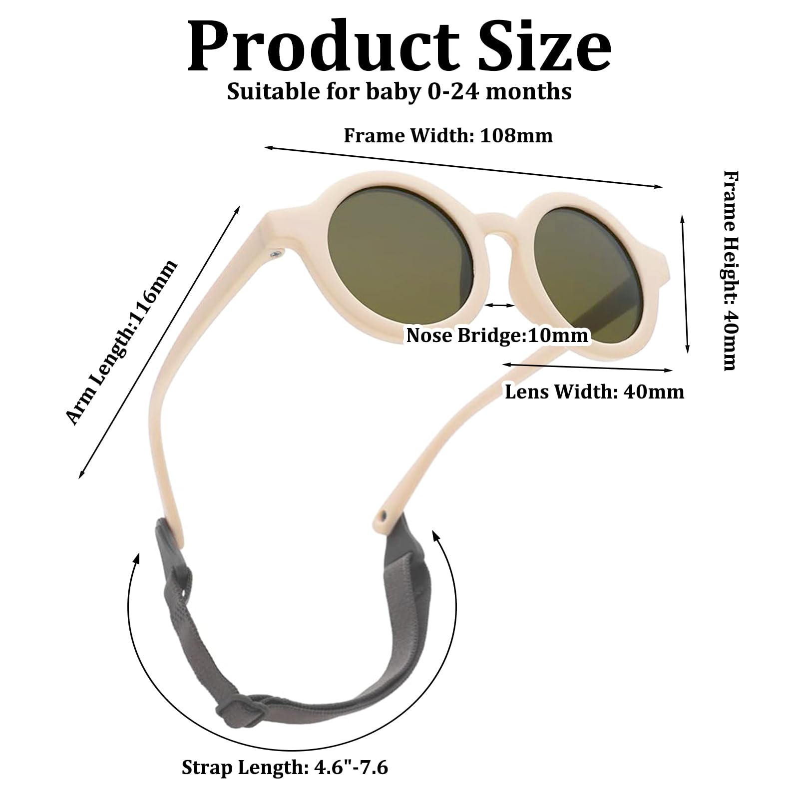 Baby Sonnenbrille Sonnenbrille Baby Polarisierte Uv400-Schutzsonnenbrille für Kinder mit Schultergurten Verstellbarem Weichem Silikonrahmen Runde Form Geeignet für Jungen und Mädchen (1-3 Jahre Alt)