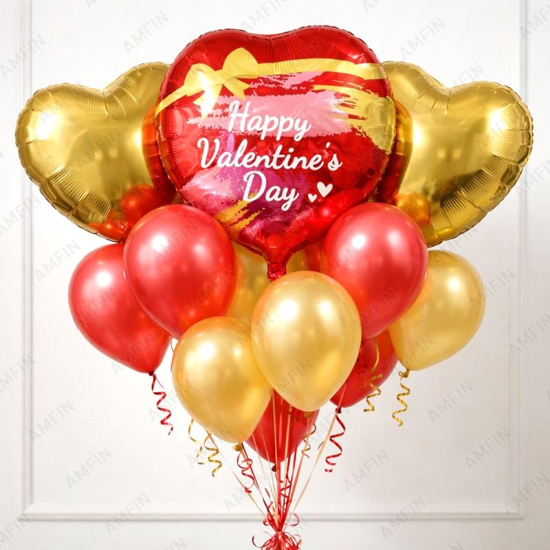 Image of AMFIN (Pack of 9) Happy Valentine's Day Balloon Decoration Set | Romantic Heart Foil Bouquet Metallic Helium Bunch Proposal Anniversary Celebration Party Decor - Red Gold