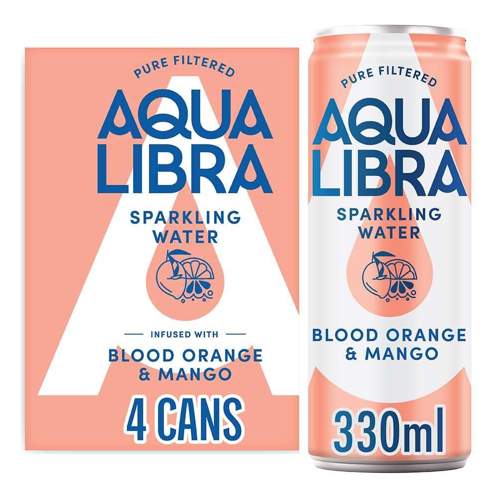 AQUA Libra Sparkling Water, Sugar Free Fruit Water, No Sugar, No Calories, Blood Orange & Mango, 330 ml, Pack of 4 Cans