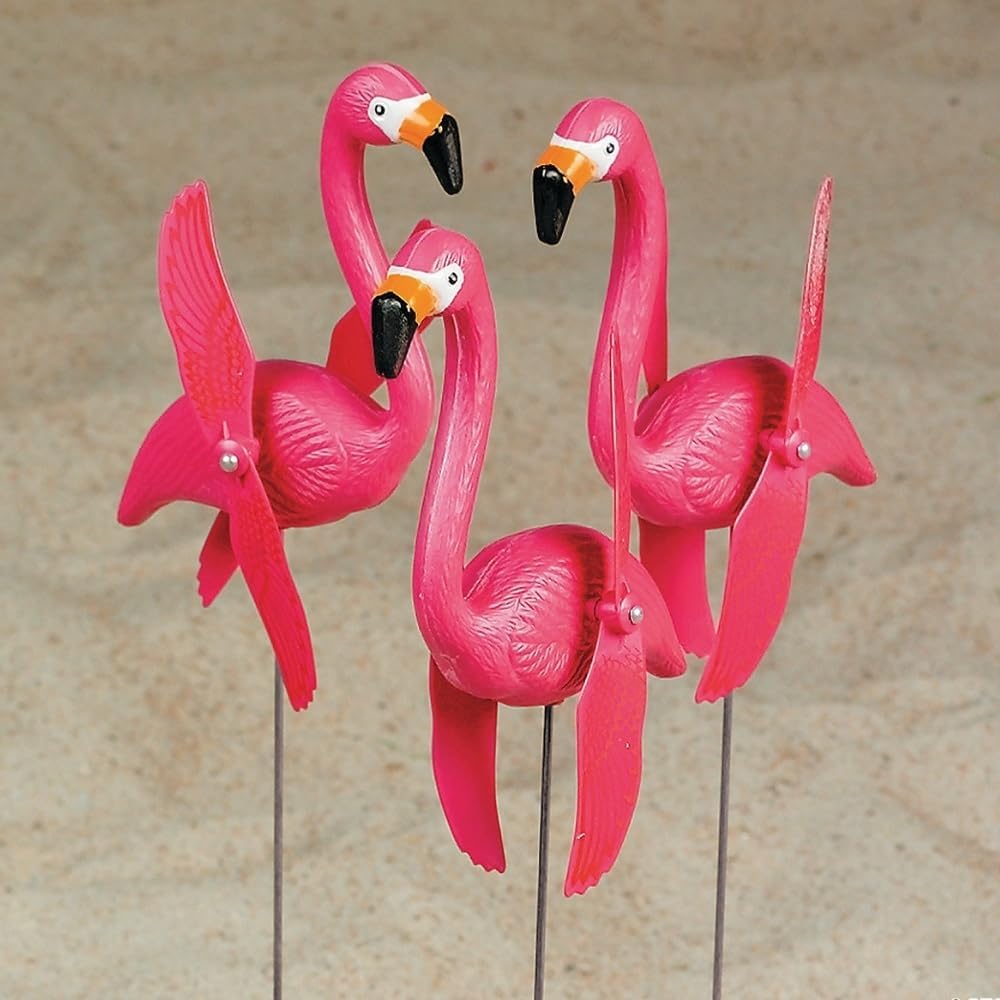 Fun Express Mini Pink Flamingos Yard Ornaments Set of 6 - Wind Spinners Outdoor with Twirling Wings | Flamingo Decor Gifts for Women | Tropical Luau Pool Garden Party Decorations for Lawn & Patio