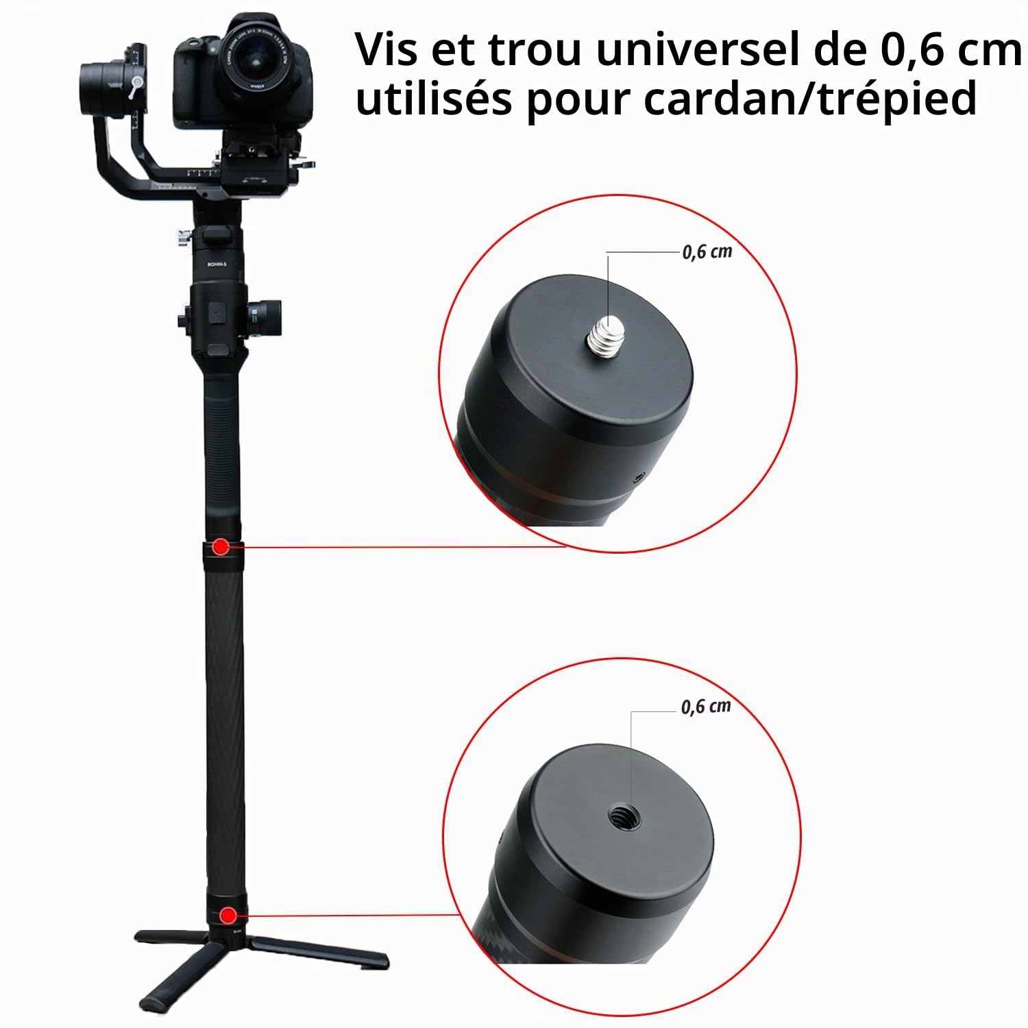 Professionnel Carbone Fibre Extension Monopode Pôle Bâton Tige 1/4'' Compatible pour DJI RS4/RS4 Pro/RS3 Mini/RS3/RS3 PRO/RS2/RSC2/Ronin S/Ronin SC/Zhiyun Crane 3 Weebill Cardan Stabilisateur