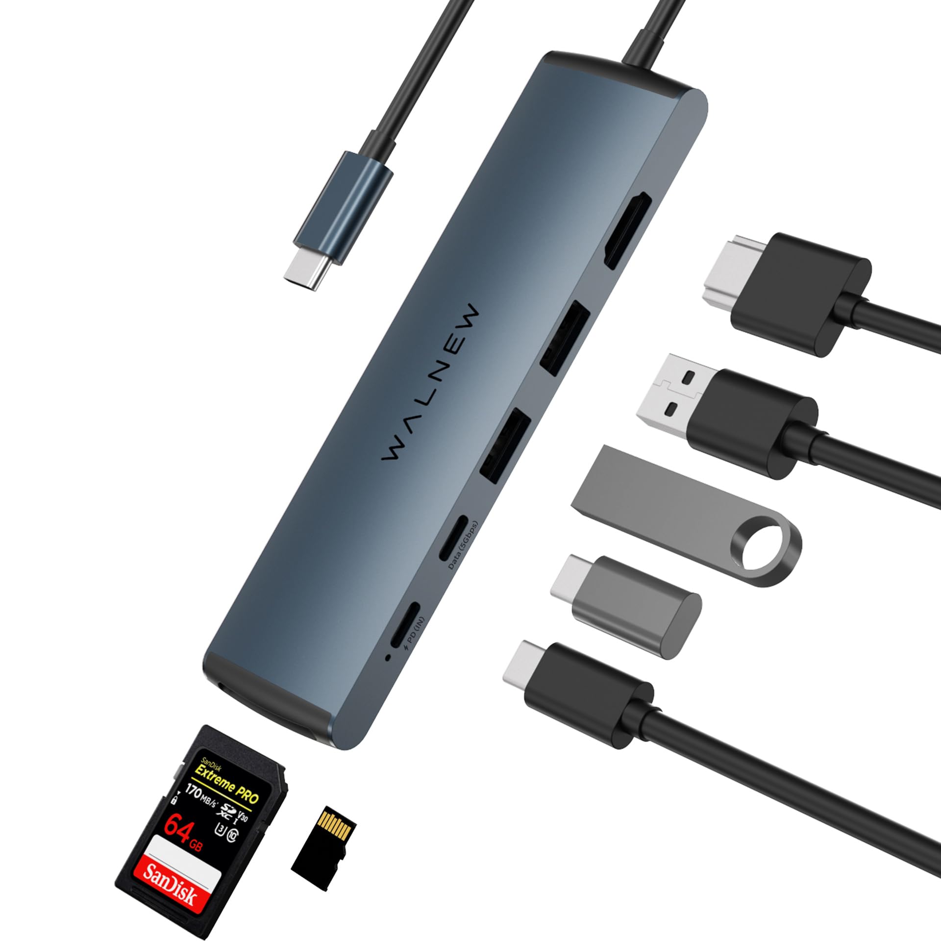 WALNEW 7-in-1 USB-C Hub – Mit 4K HDMI, 100W PD, SD/TF-Leser, 3x USB 3.0 Für MacBook, IPad, Surface