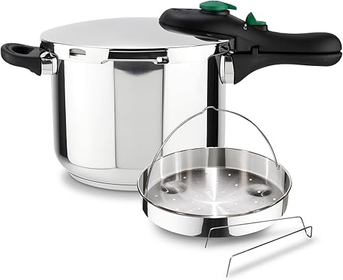 MAGEFESA DYNAMIC - Olla a presión rápida de 6.3 cuartos de galón con cesta de vapor, acero inoxidable 18/10, eficiencia energética, adecuada para