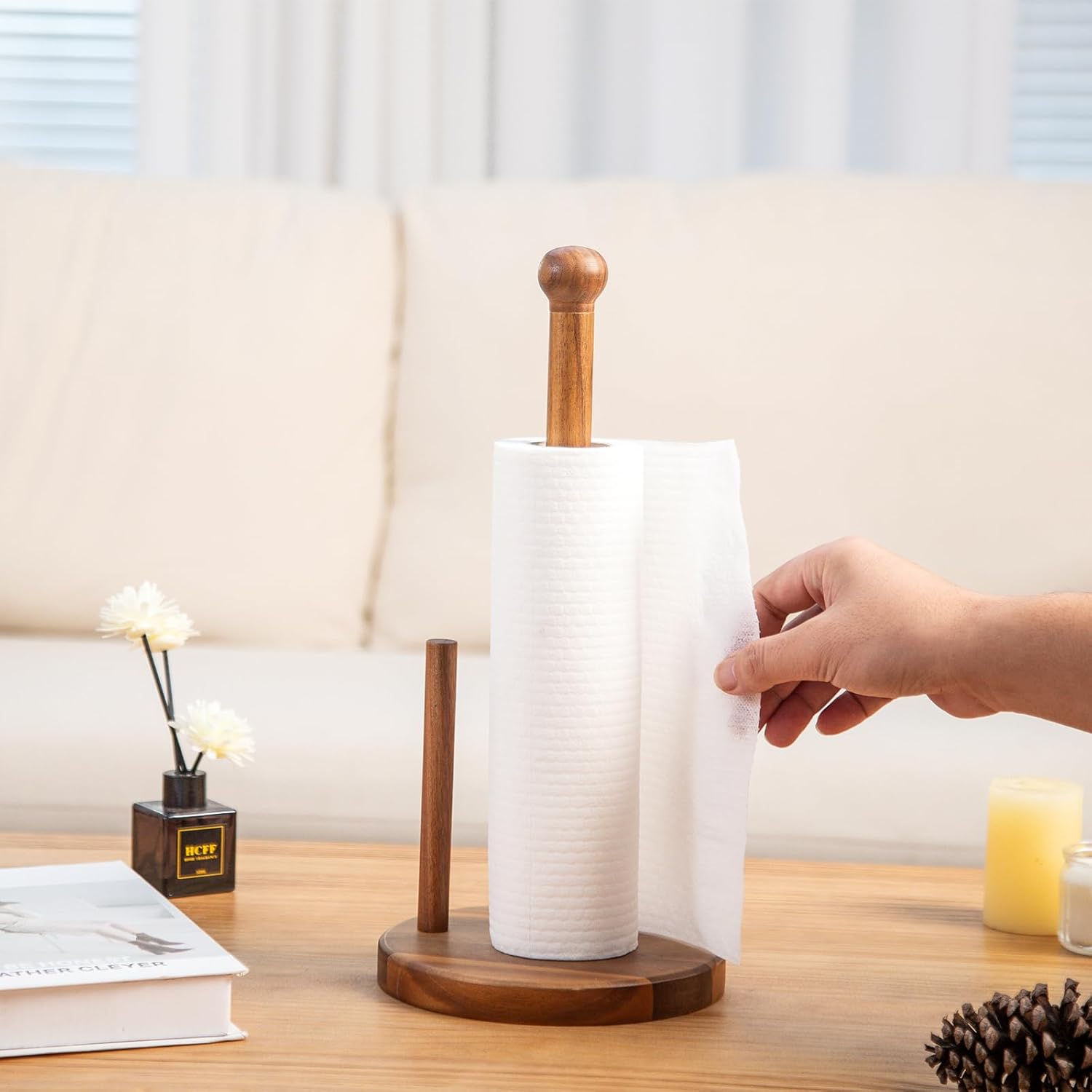 14.3" Acacia Wooden Paper Towel Holder, 6.7" Large Heavy Base Wooden Kitchen Roll Stand Organizer Free Standing, Rustic Farmhouse Paper Towel Holder Stand, Standing Paper Towel Roll Holders