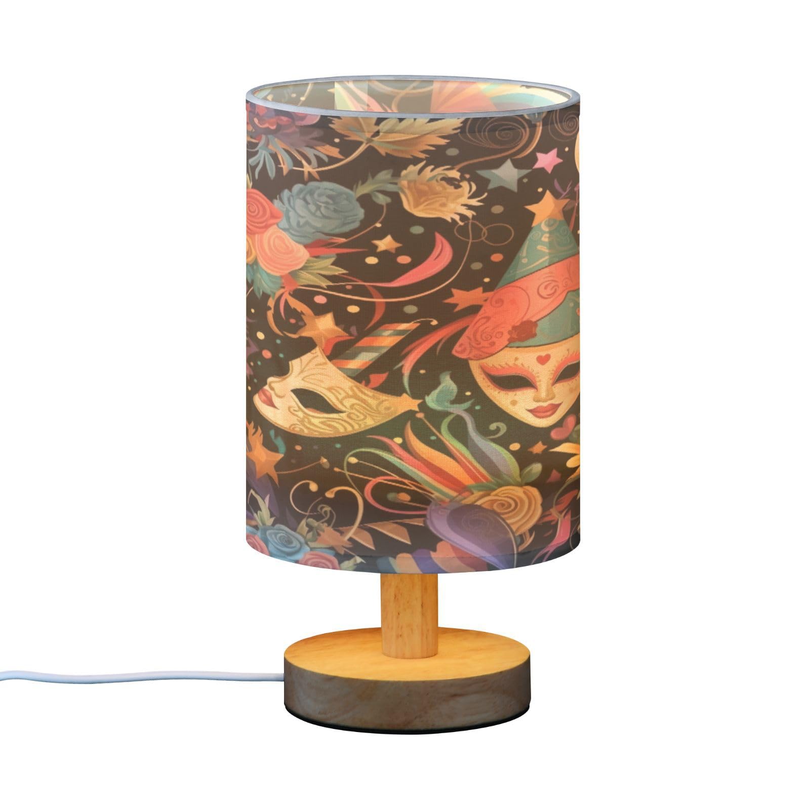 SDMKA Colorful Mask Party Pattern Bedside Table Lamp for Bedroom, Minimalist Nightstand Lamp with Round Fabric Shade for Living Room, Office, No Bulb Required