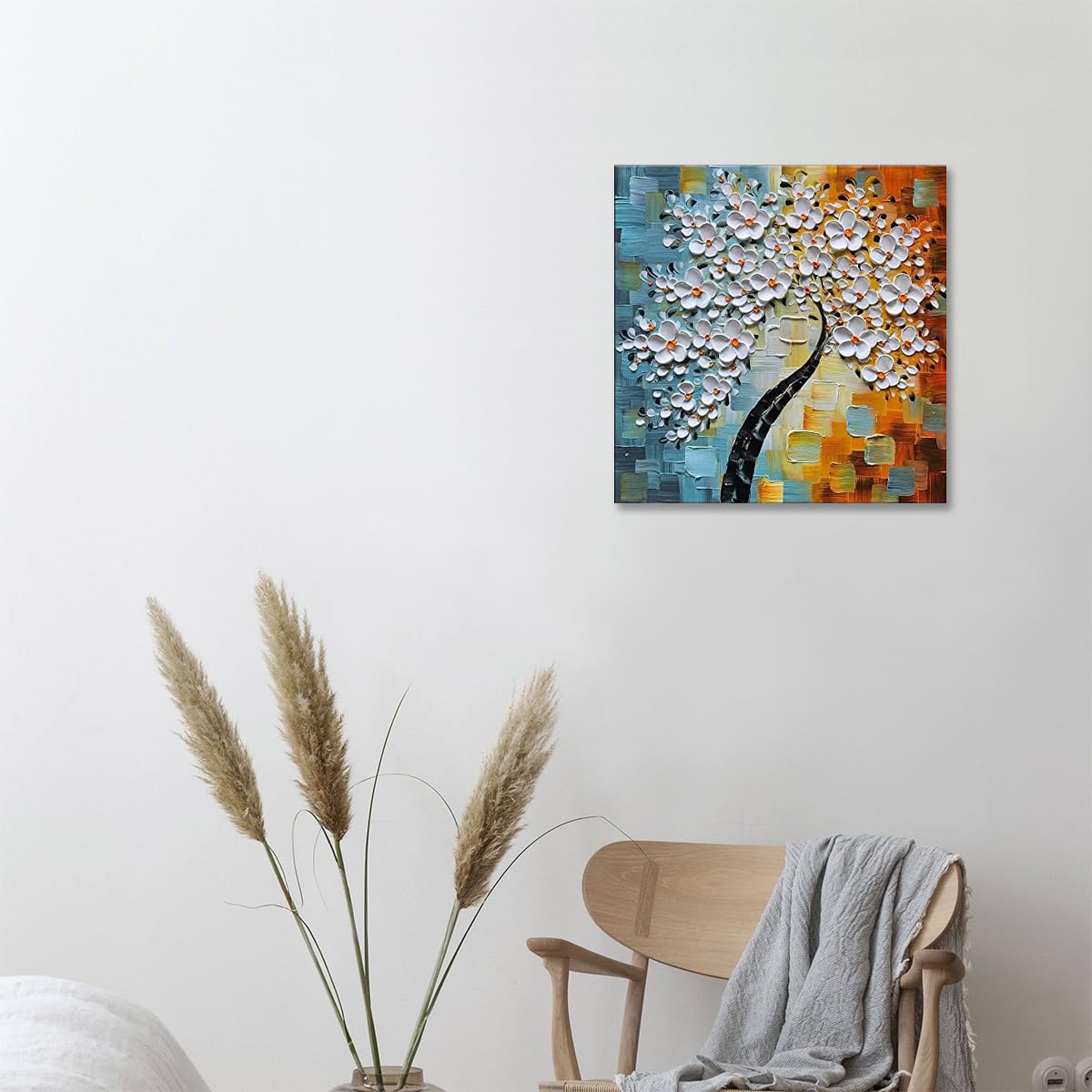 Peinture à L’Huile Abstraite Grand Format – Arbre & Fleurs 3D Couteau – Toile Encadrée Prête à Accrocher – Décoration Murale Moderne Or & Multicolore