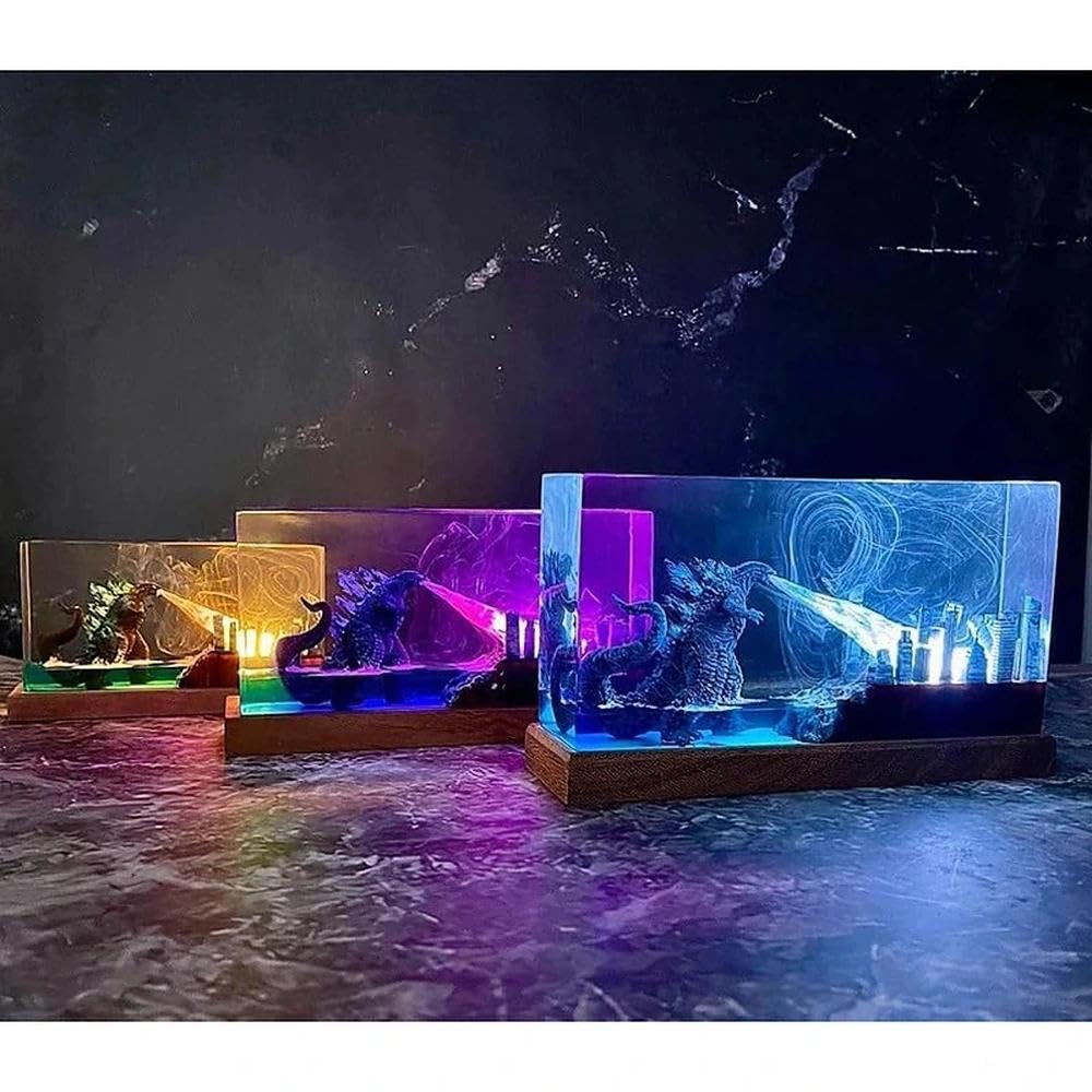 3D Ozean Epoxidharz Nachtlicht,Harz-Godzilla Figuren Ornamente mit Holzsockel,Monster Nachttischlampe mit USB-Kabel und 16 Farbe Remote Mehrfarbige LED Nacht Lampe,Desktop-Kunst-Dekor (Stil 4)