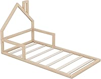 Vista 9 de Quarte Cama de suelo de madera de tamaño individual con cabecera en forma de casa, marco de cama de plataforma de madera para dormitorio,