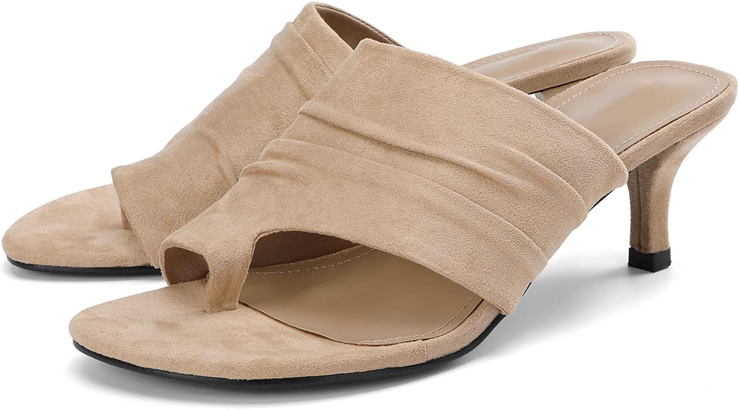 Womens Round Open Toe Ring Heeled Sandals Pleated Wide Band Comfy Slip On Soft Sole Cute Dressy Mule Sandals For Party Prom Daily Casual Walking Shoes