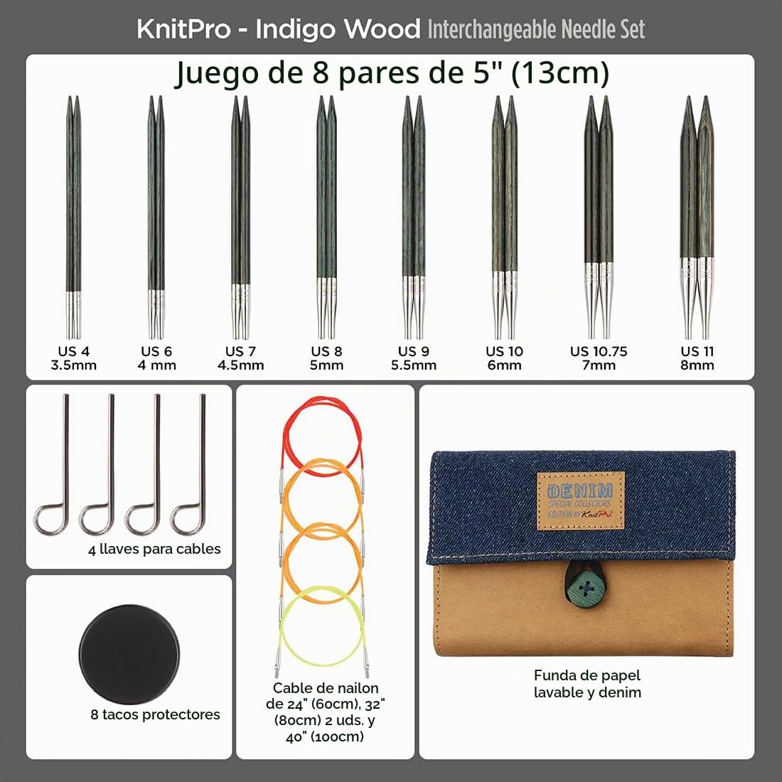 KnitPro Juego de agujas de tejer intercambiables – 8 x alfileres circulares Indigo, puntas, 4 cables de nailon de 60,80 y 100 cm, 8 casquillos, 4 llaves para cables – 3,5,4,4,5,5,5 .5,6,7 +8mm