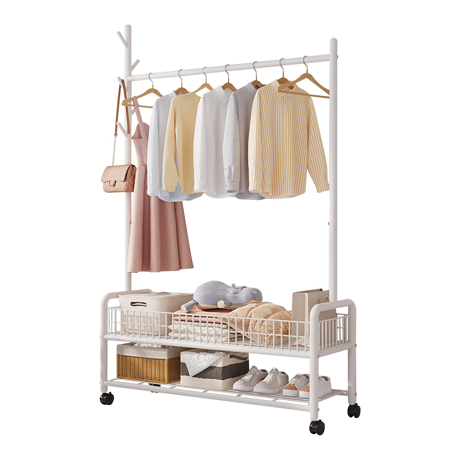 FGXHHS Multi-Layer Metal Coat & Shoe Rack with Pulleys, Movable Stable Storage Solution for Clothes, Coats, Skirts, Sweaters, and Shoes - Stylish Home Entryway