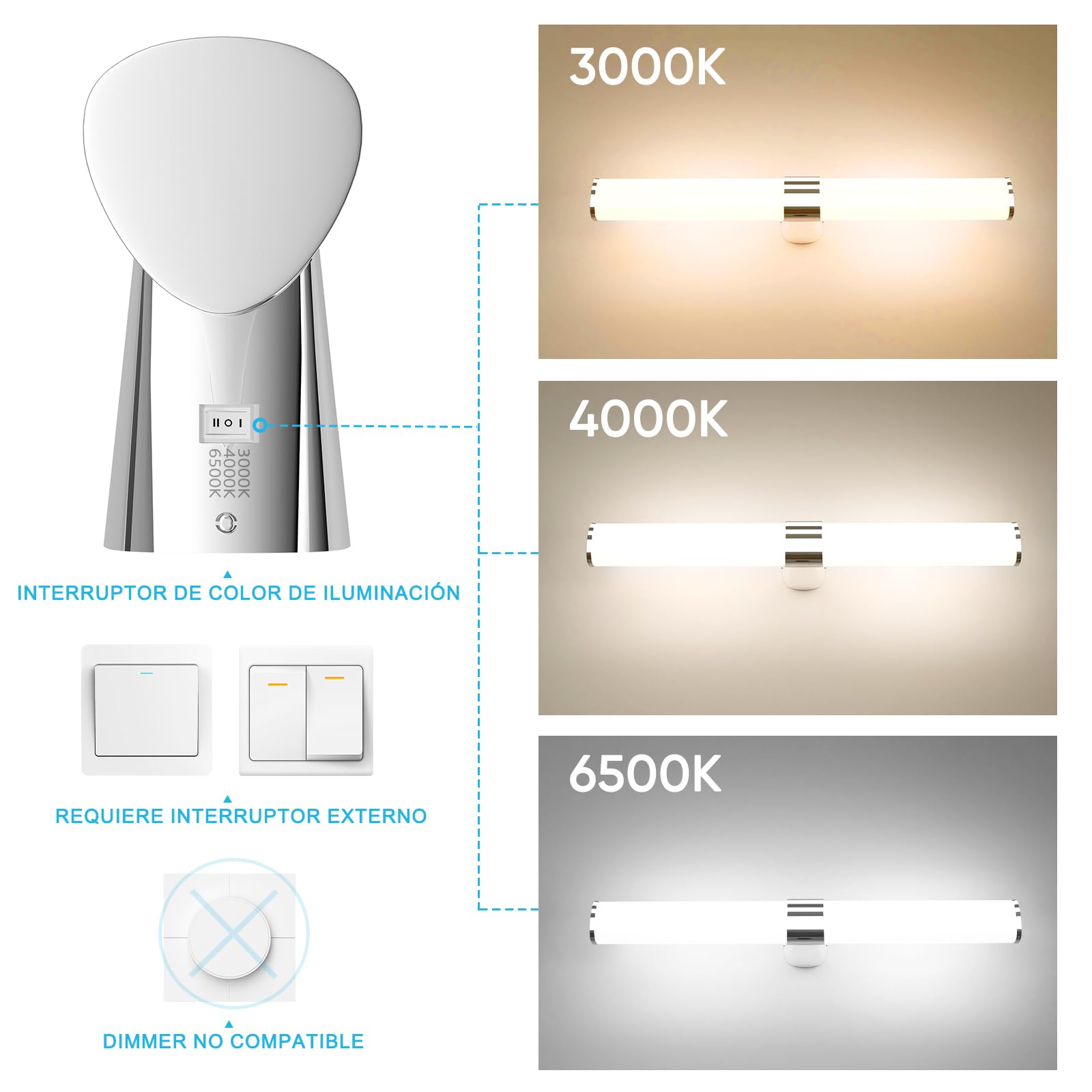 Lampara Aplique de Pared para Luz Espejo y Armario de Baño LED, Longitud 60CM Plateada Lampara, 15W 1500Lm No Regulable Iluminación, IP44 Resistente al Agua, Luz Cálida Neutra Fría