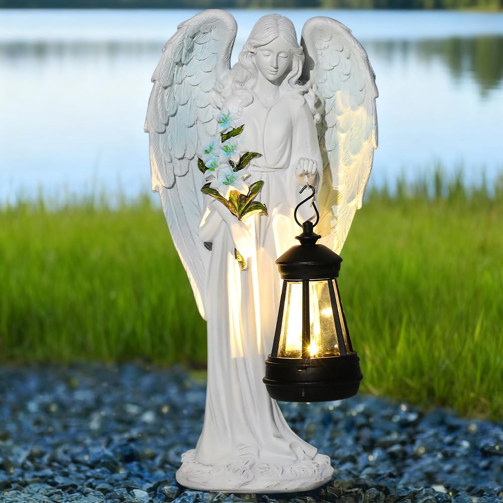 Statue da giardino a forma di angelo custode con lanterna solare a LED, decorazione per esterni, resistente alle intemperie, per cimitero, scultura d'angelo, giardino, terrazza, davanzale, 33