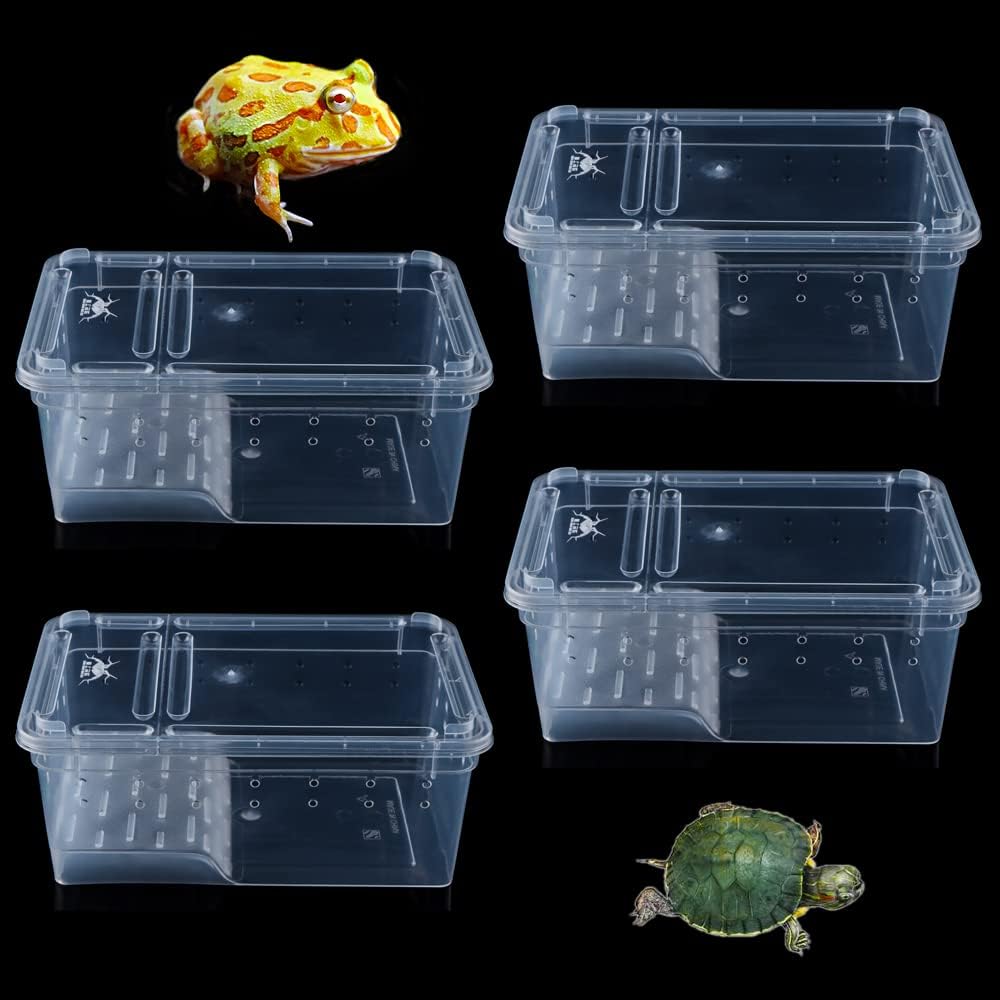 4 Pcs Turtle Tank Breeding Box, Horned Frog Plastic Portable Feeding Container for Horned Frog Turtle Small Reptile (Small Size)