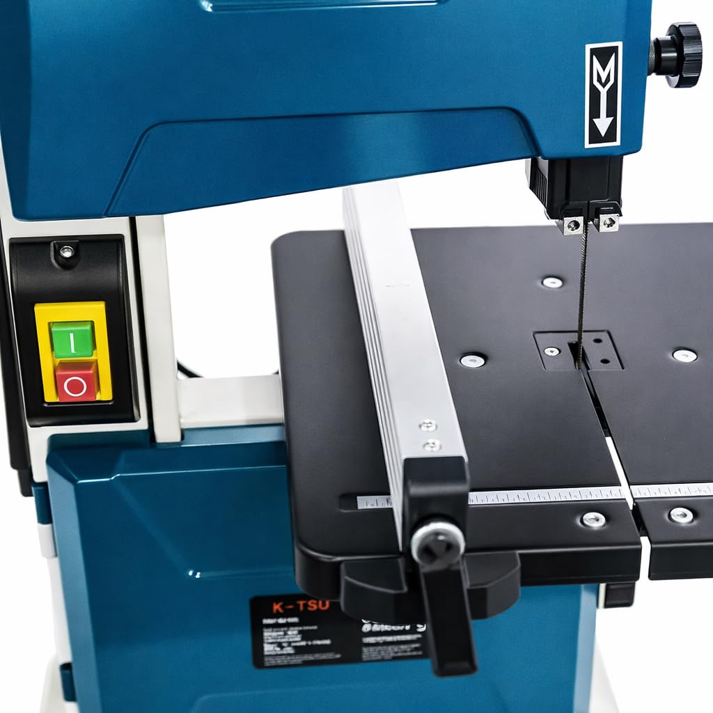 KATSU Tools Sega a nastro da banco 200 mm 350 W Sega a nastro elettrica per lavorazione del legno, tavolo da lavoro in metallo inclinabile a 45° per tagli obliqui, lama inclusa 100555