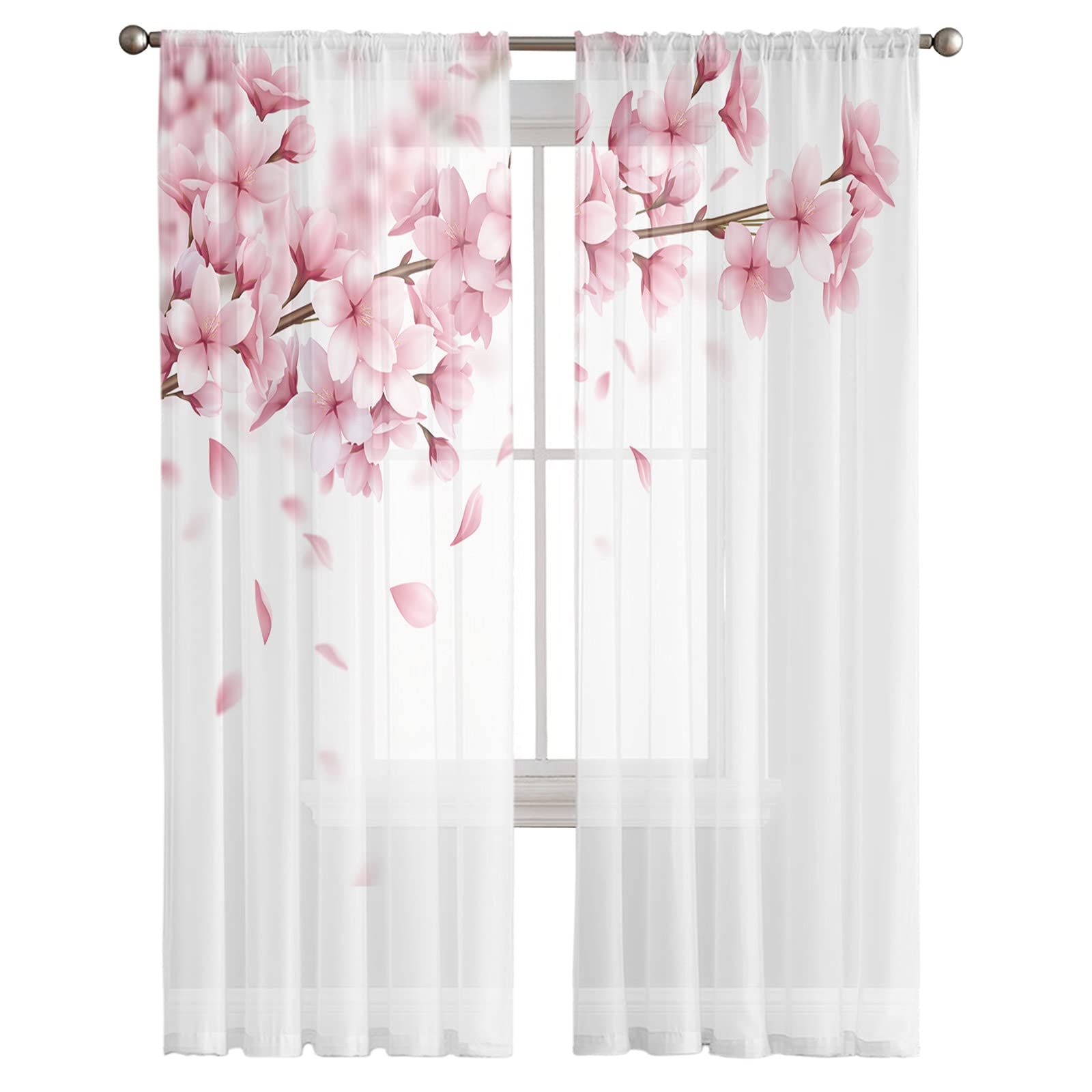 Fleur Rose Fleurs De Cerisier Blanc Tulle Rideaux pour Salon Chambre Décoration Mousseline De Soie Voile Cuisine Fenêtre Rideau-LEX03429,W135 x H160cm x2