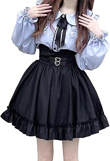 [LAVASEON] 量産型 スカート 可愛い レディース ミニ フリル リボン ハイウエスト ハート型ボタン 大きい裾 学院風 JK 森ガール チュチュ 韓国風 Aライン 姫系 きれいめ おしゃれ 春秋 ブラック