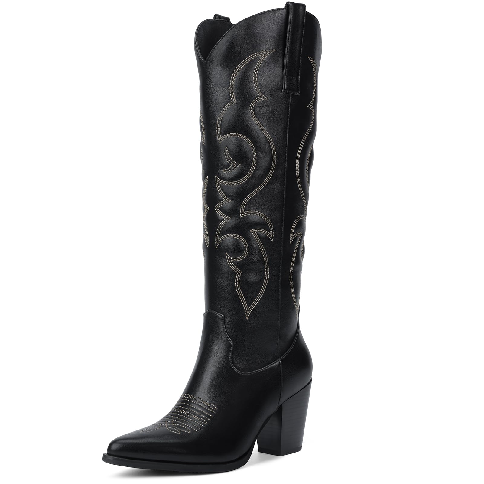 Suede Cowboy Boots for Women - Western Knee High Cowgirl Boots with Side Zipper, Retro Pointed Toe Tall Block Heel Pull On Long Boot for Ladies Fall Winter Rodeos Concert Festival Daily