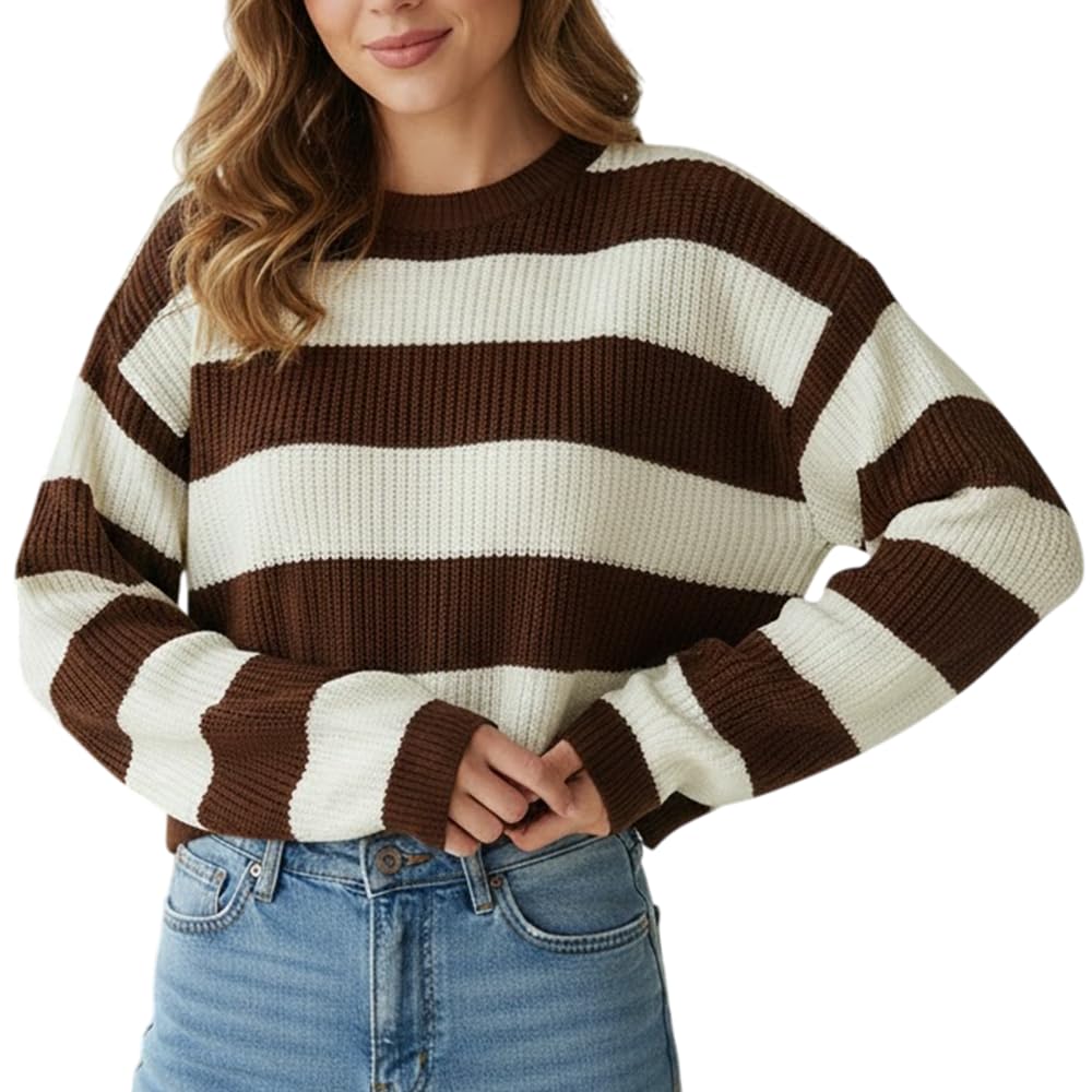 Womens Cropped Striped Ribbed Sweater Casual Long Sleeve Pullover Top for Fall and Winter Cozy Knit Sweater for