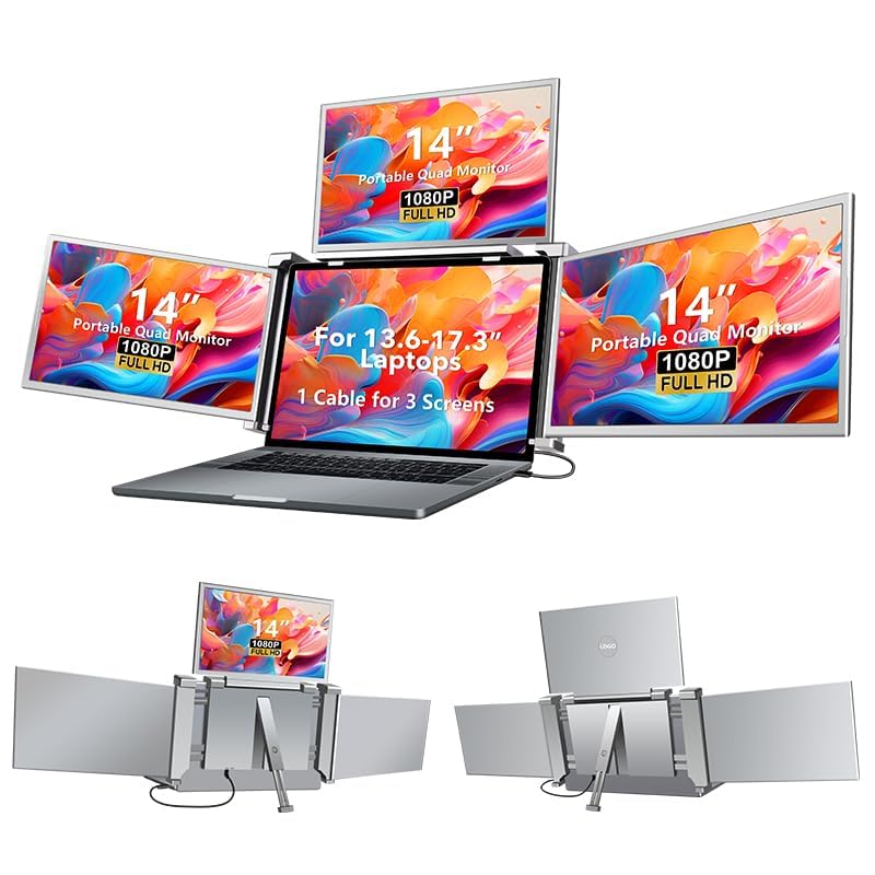 Image of 14 inch Laptop Screen Extender, Compatible with Win MacOS 12-16.5 inch Laptops | FHD IPS Portable Monitors for Laptop, Triple Monitor Laptop Screen Extender, Quad Monitor for Travel, Business, Watch Party