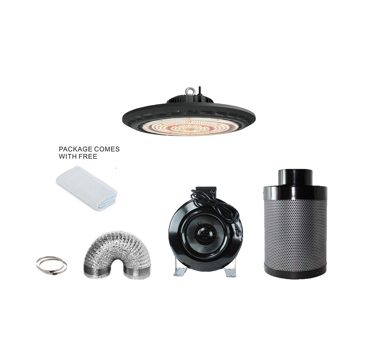 BestMartNew Tech UFO Full Spectrum LED Grow Light 200W+4'' Indoor Air Carbon Filter Inline Ducting Fan Flex Ducting Clamps for Hydroponic Growing Tent