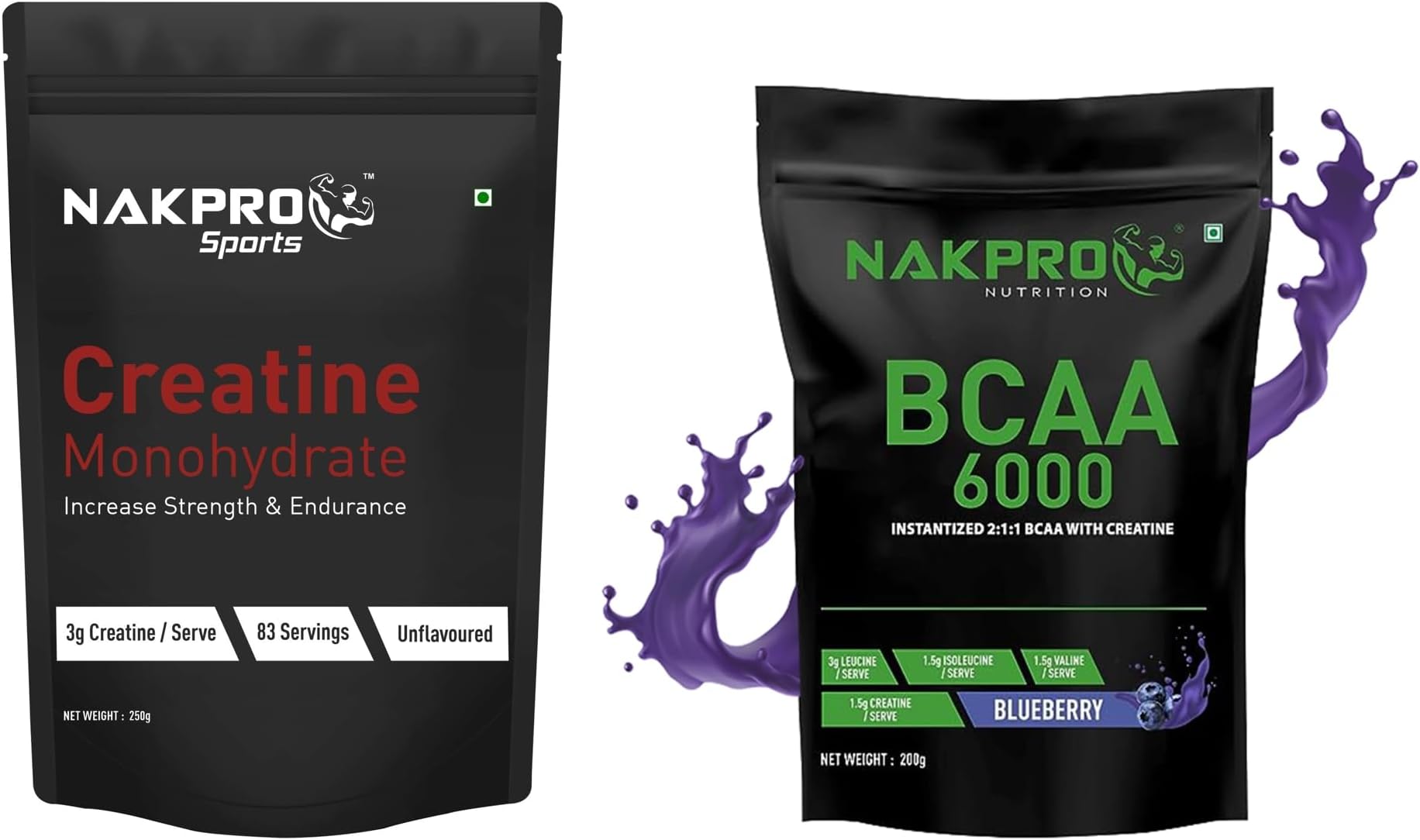 NAKPRO MICRONIZED CREATINE MONOHYDRATE, (Unflavoured, Pack of 250 g Powder) & NAKPRO BCAA 6000 - Instantized 2:1:1 BCAA|200g Blueberry (20 Servings)