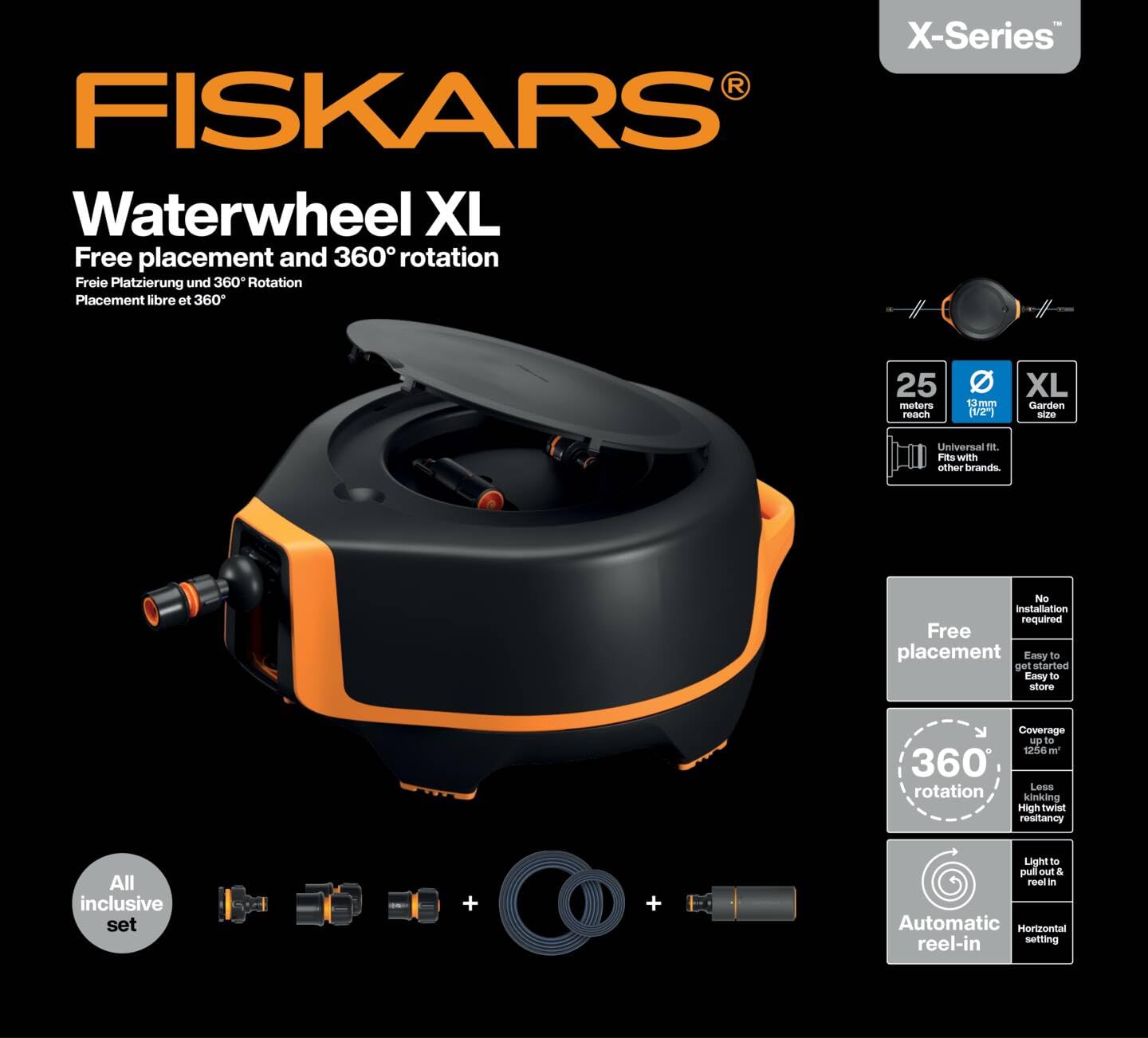 Fiskars Dévidoir XL, Set d'Arrosage Tout-en-1, Tuyau de 25 m | Tuyau à Enroulement automatique, Ø 13 mm, Raccord universel pour Robinet, noir/orange, X-series, 1067549
