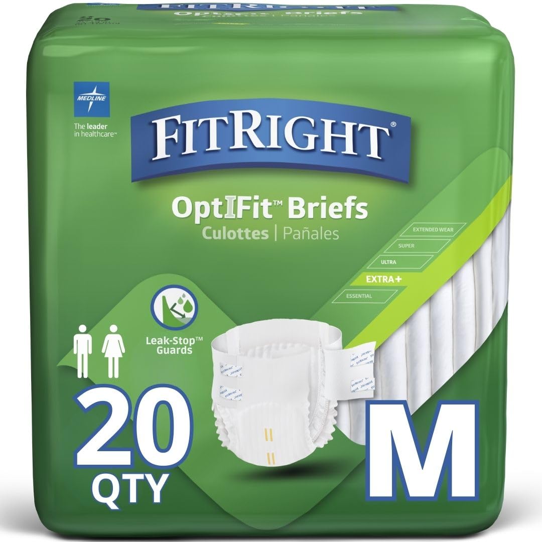 Medline FitRight OptiFit Extra+ Adult Diapers with leak stop guards, Disposable Incontinence Briefs with Tabs, Moderate Absorbency, Medium, 32"-44", 20 Count
