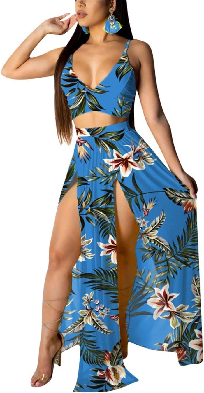 EOSIEDUR Women's Chiffon Bohemian Floral Printed 2 Piece Sets Crop Cami Top & Split Beach Party Maxi Dress