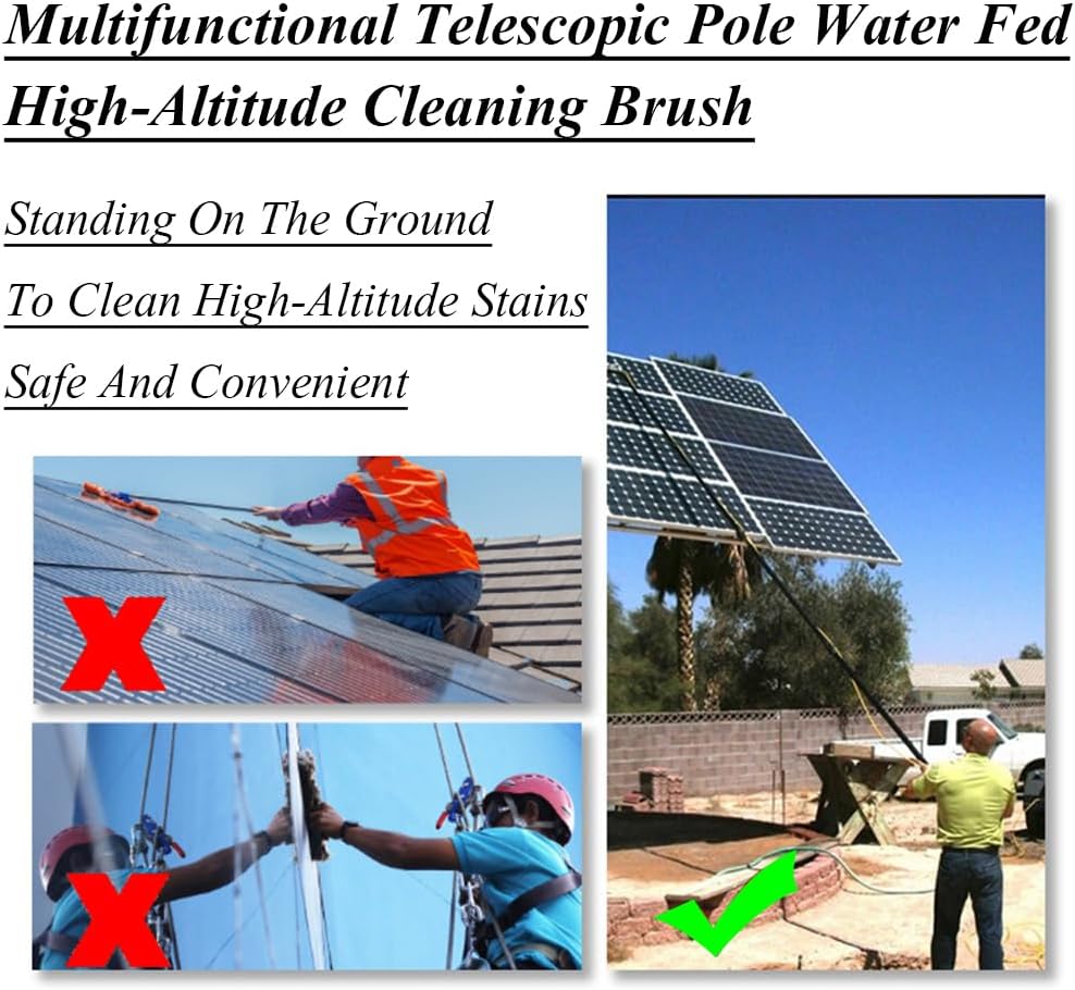 Photovoltaic Panel Cleaning Tool Window Cleaning Telescopic Pole Brush, Water Fed Window Washing Brush Glass Cleaner Wall Cleaning Tool with 4 Water Outlets 20ft/6m
