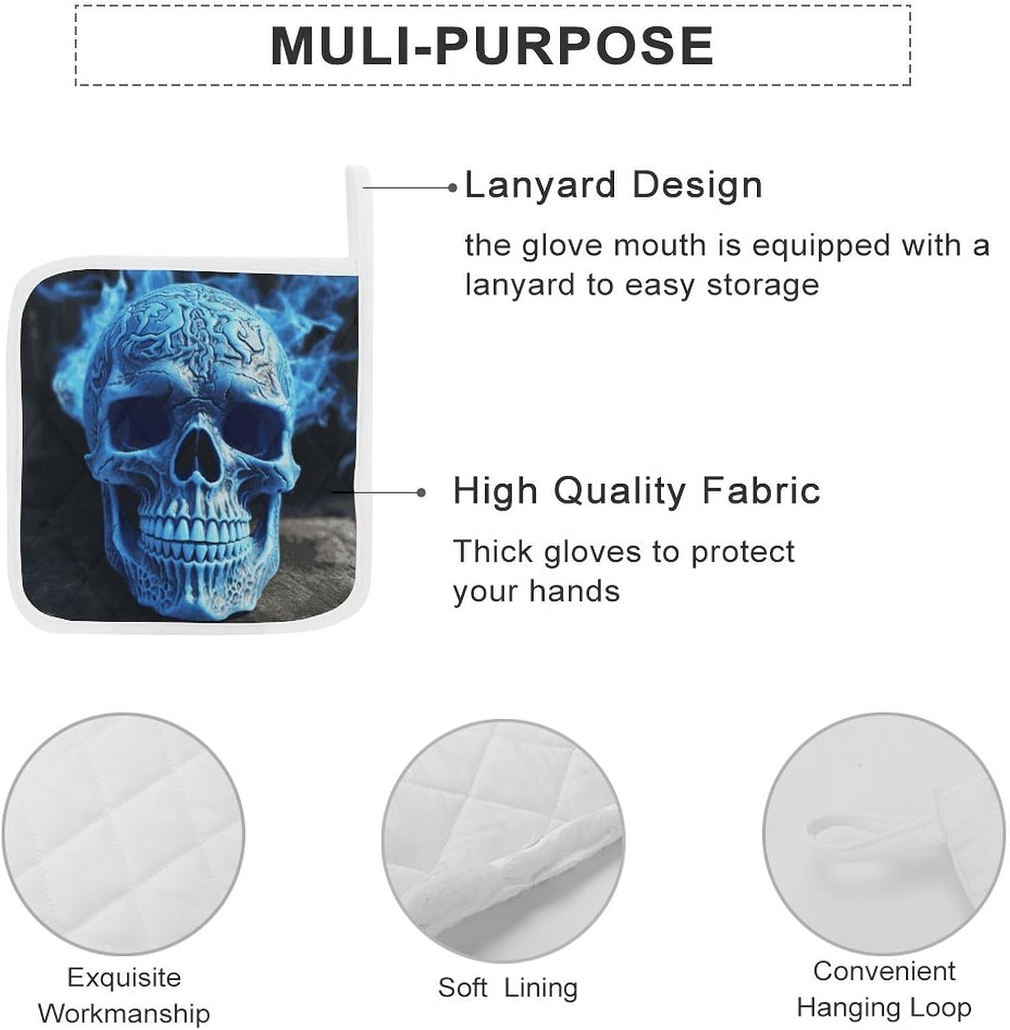 3D Print Blue Skull Polyester Heat Resistant Pot Pad Non Slip Anti Scald Hot Dish Mat Reusable Table Protector for Kitchen Hot Pot Mat Wear Resistant Heat Proof Table Pad for Countertop Dining Room