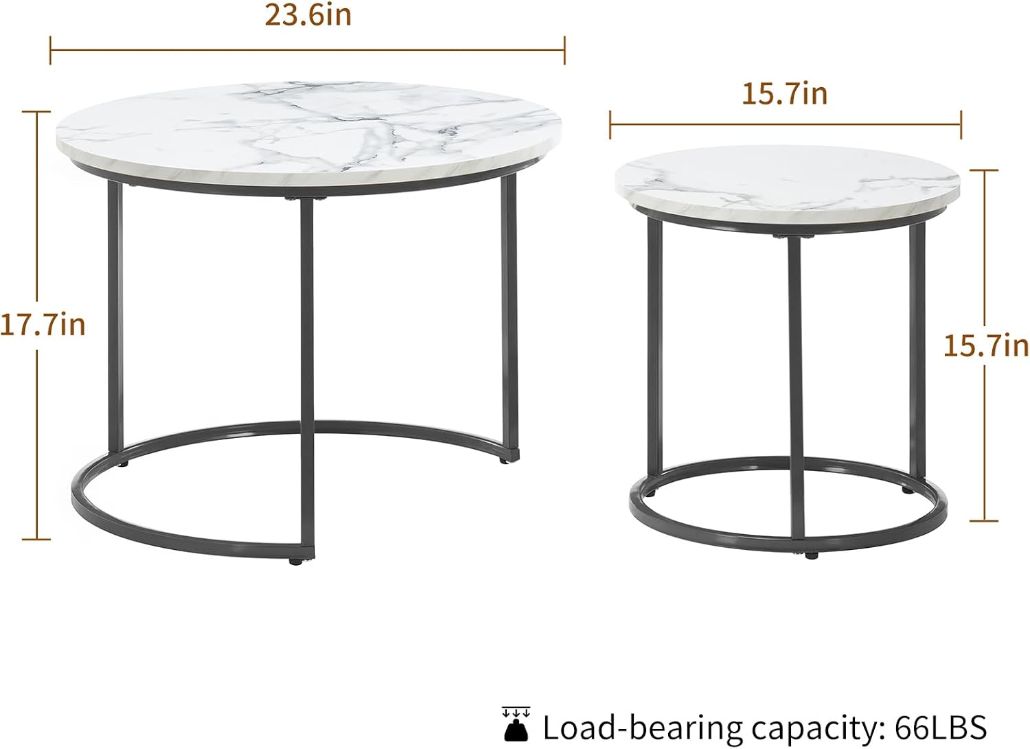 Round Nesting Coffee Table Set of 2, Modern Marble Pattern Wooden Nesting Tables, Stacking Minimalist End Table for Living Room Bedroom Small Space, White and Black