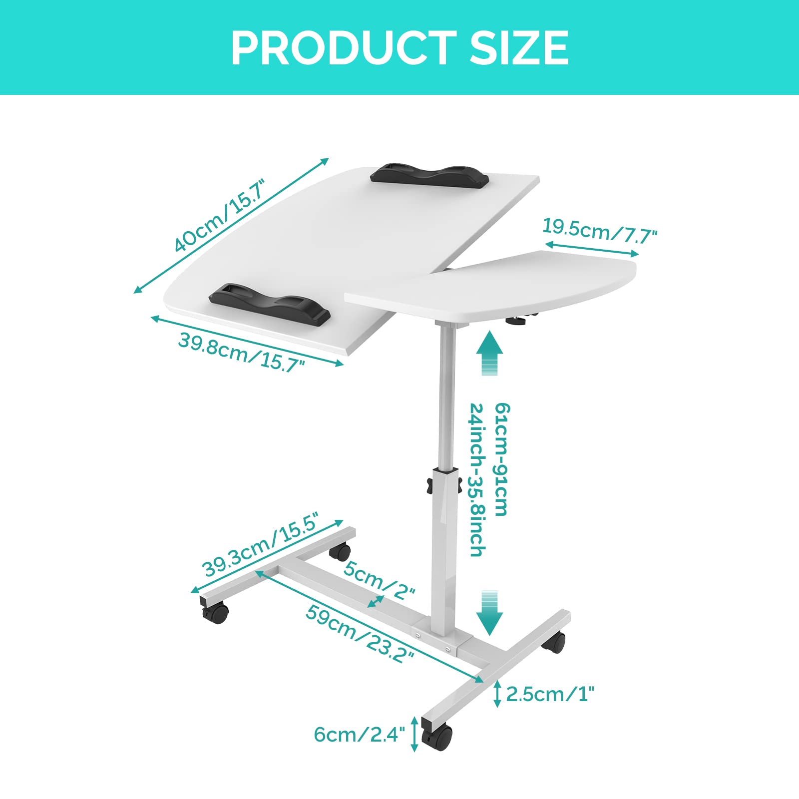 PIPIPOXER 60x40cm Tavolino da Laptop, Tavolino con Ruote, Scrivania per Laptop con Strisce Antiscivolo Scrivania Mobile Regolabile in Altezza 61-91cm per PC per Tavolino Tablet Portatile, Bianco