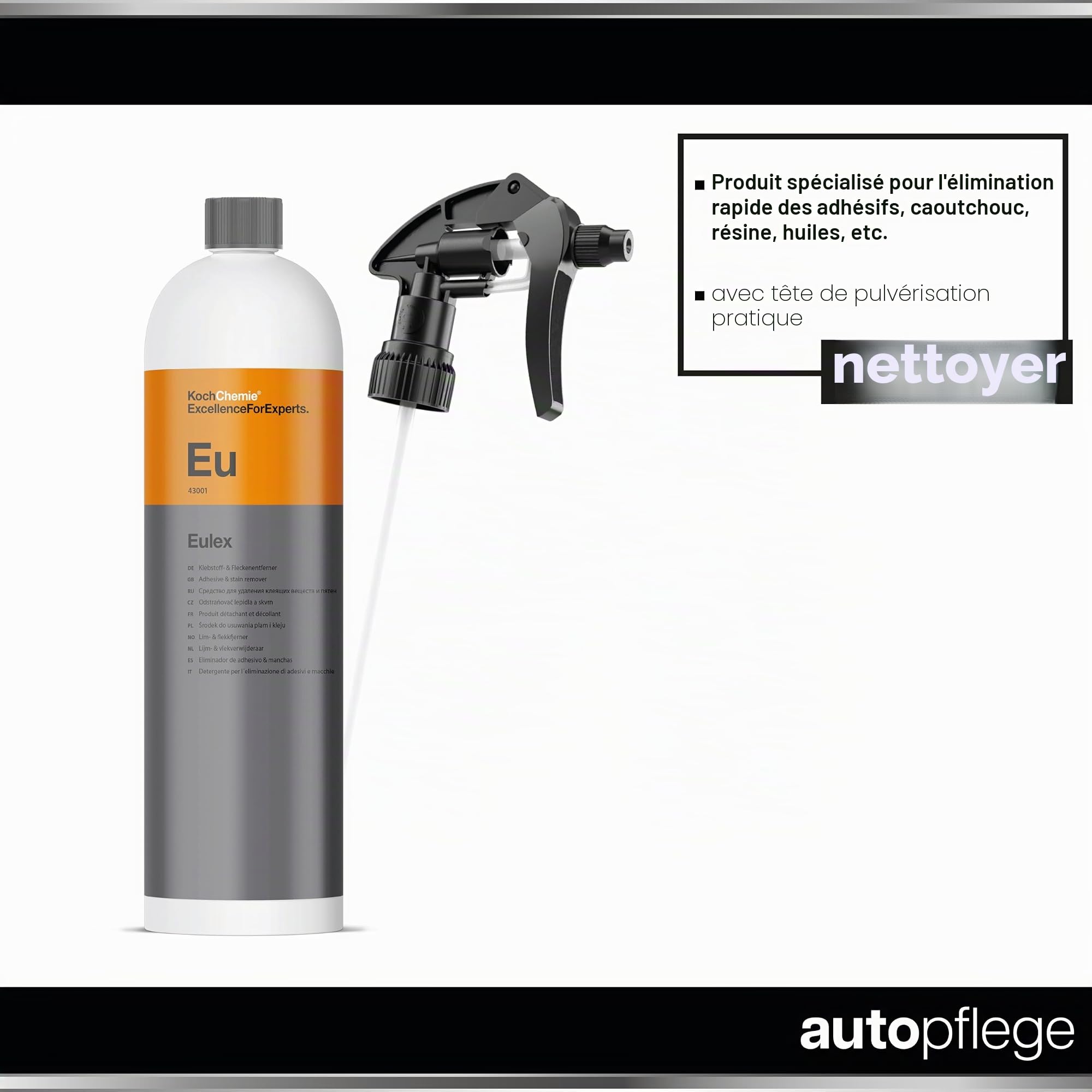 Koch Chemie Eulex Kit de détachant pour résidus de colle 1 l + tête de pulvérisation + chiffon en microfibre | Élimine les résidus de colle tels que les autocollants des étiquettes du verre, du métal,