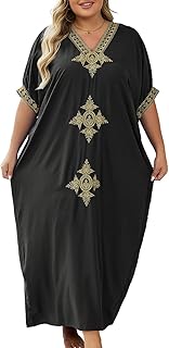 Plus Size Gold Embroidery Kaftan V Neck Beach Cover Up Caftan Maxi Dress - Buy now