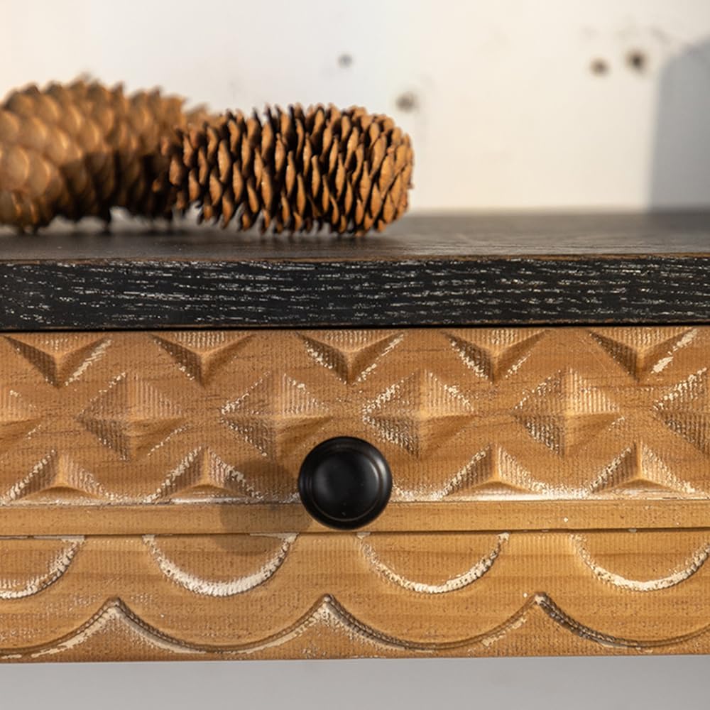 Shabby Chic Carved Wall Mount Rack Wall Shelf with 1 Drawer,11.8" Vintage Floating Shelf for Living Room, Bedroom,Bathroom (S)