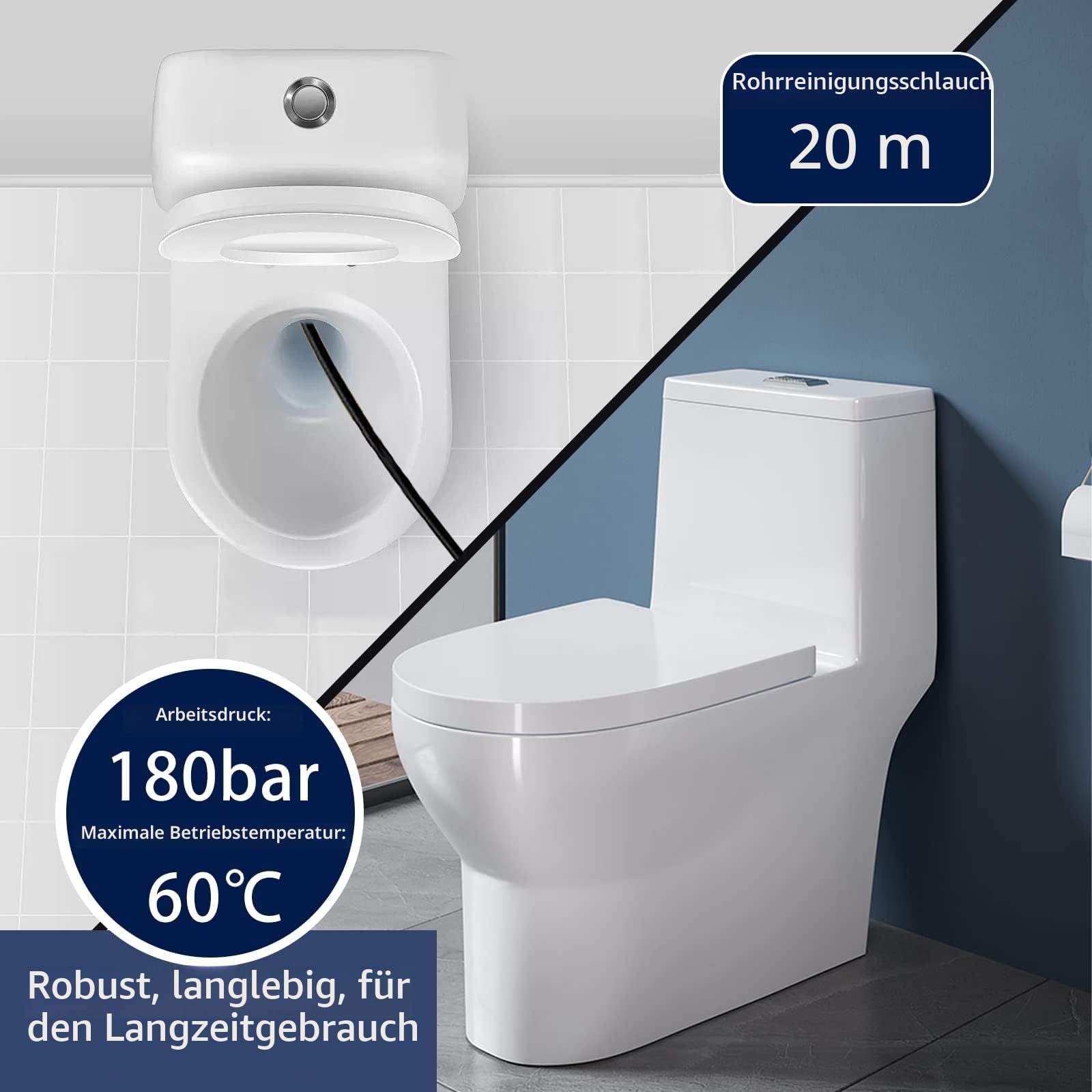 Rohrreinigungsschlauch 20 M, mit 5 Adapter 180bar 60°C Rohrreinigungsset für Kärcher K2-K7, Lavor, Interpump, Bosch Hochdruckreiniger, Rohrreinigungsset für Hochdruckreiniger