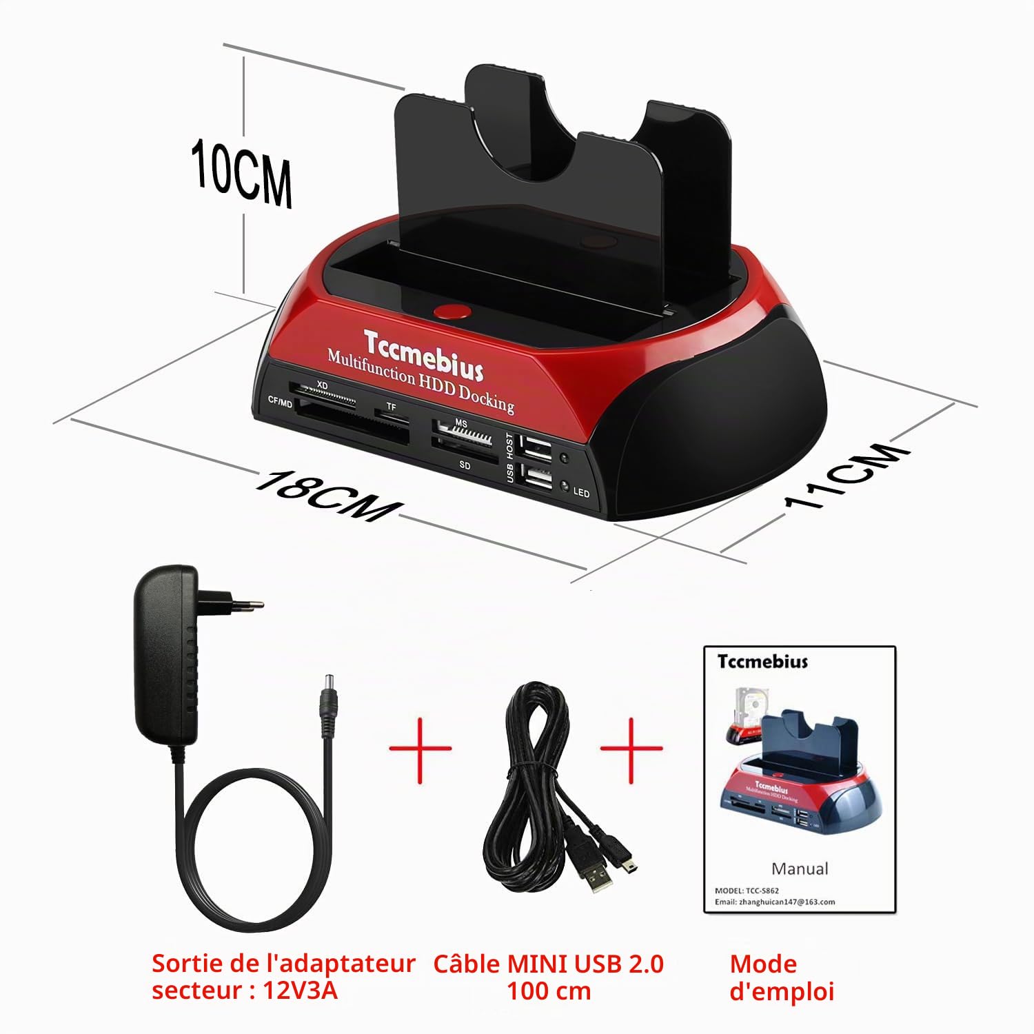 TCC-S862-DE USB 2.0 à SATA IDE Dual-Bay HDD Disque Dur Station d'accueil avec Lecteur de Cartes et Hub USB 2.0 pour 2.5 3.5 Pouce IDE SATA I / II / III HDD SSD