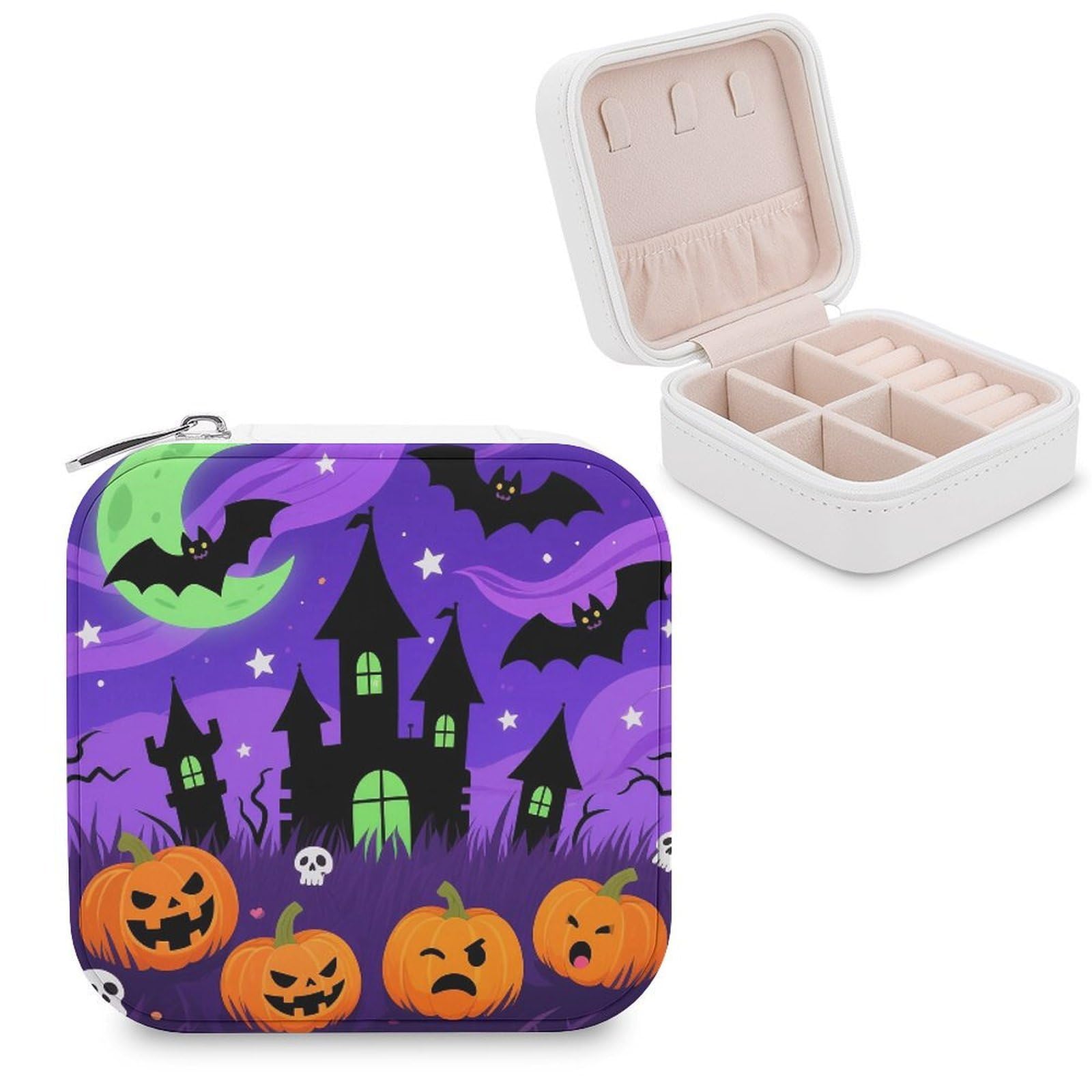 VstaDank Halloween Purple Night Jewelry Box for Women Jewelry Organizer Storage Case with Zipper Mini Travel Jewelry Case Cute Trinket Organizer Leather Portable Jewelry Storage Box