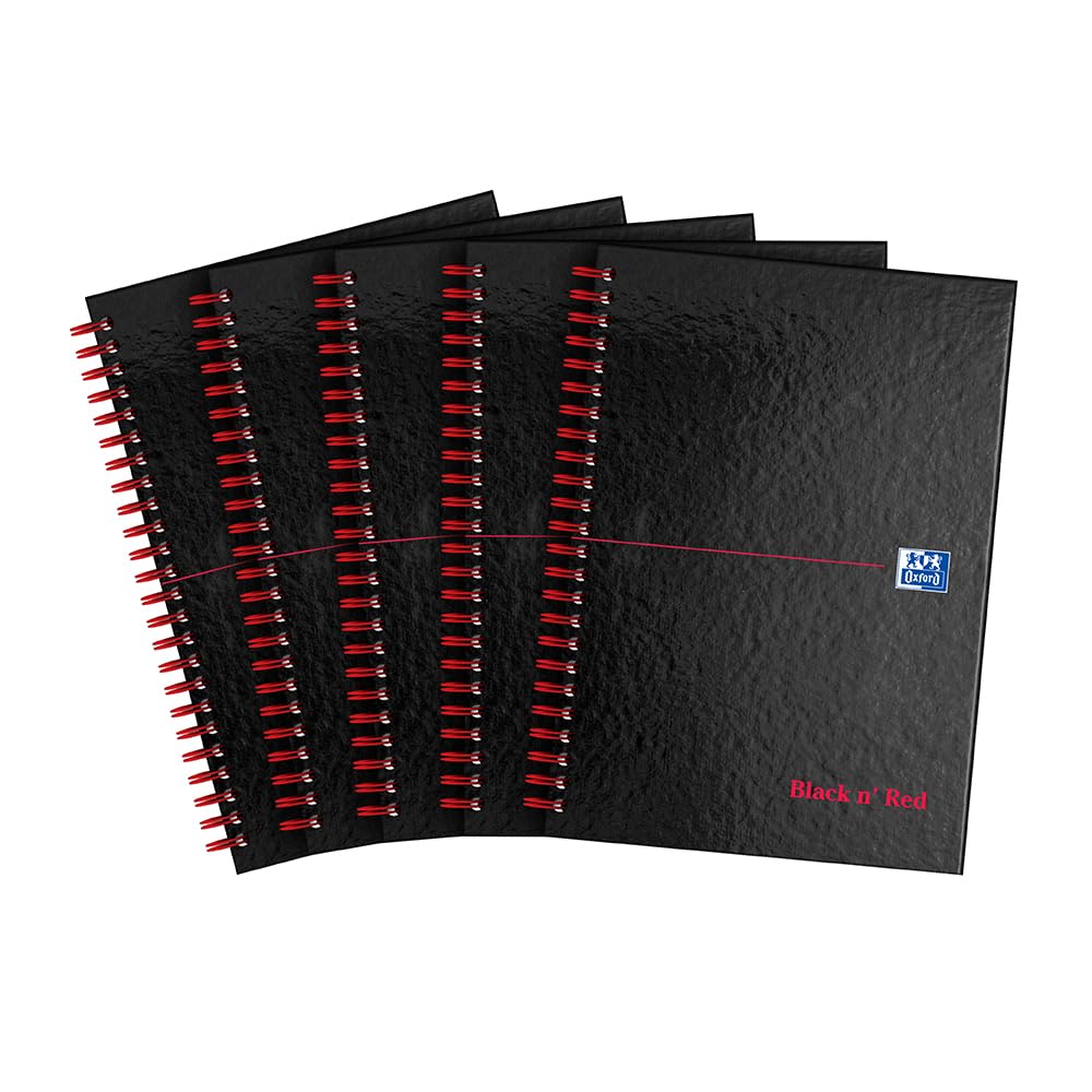 Oxford Black n' Red A5 Notebook, Glossy Hardback Wirebound, 140 pages, Lined (Pack of 5)